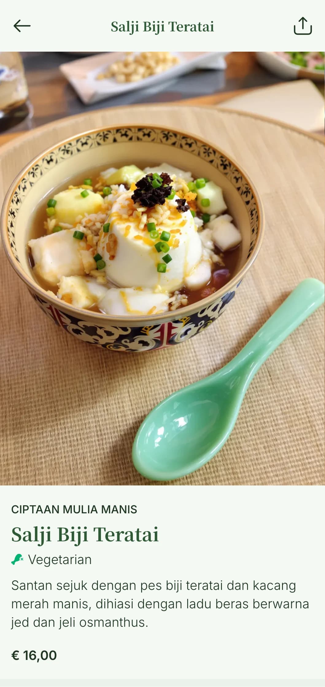 Menu sushi inspirasi Asia yang elegan dengan aksen hijau jed dan unsur gabungan tradisional Cina-Jepun.