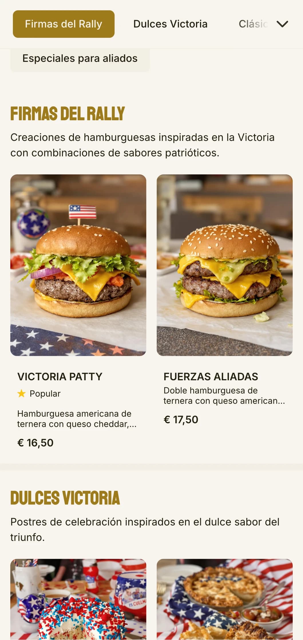 Hamburguesería inspirada en la época de la Segunda Guerra Mundial con jardín de la victoria y elementos patrióticos.