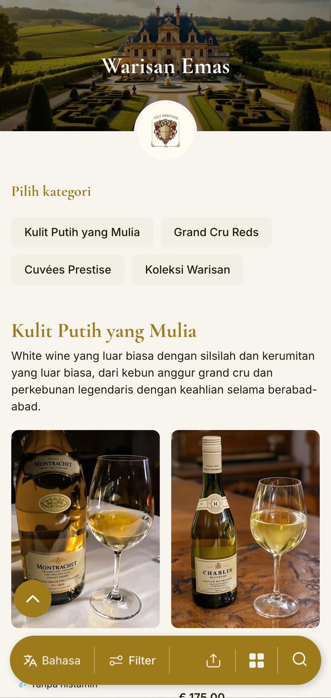 Templat daftar anggur tradisional yang mewah dengan aksen emas dan elemen warisan, cocok untuk kilang anggur yang sudah mapan dan restoran mewah klasik.