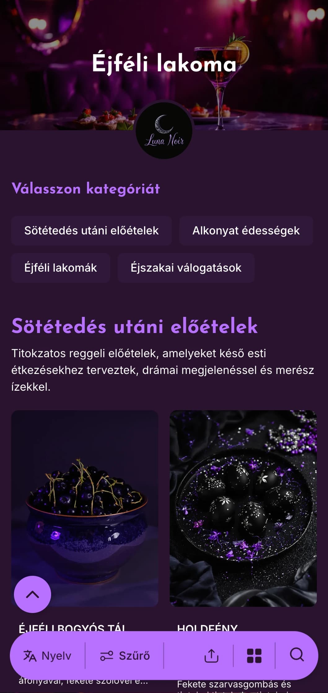 Mélylila sablon világos hangsúlyokkal, tökéletes késő esti brunch-ajánlatokhoz és koktélokkal párosított reggelikhez.
