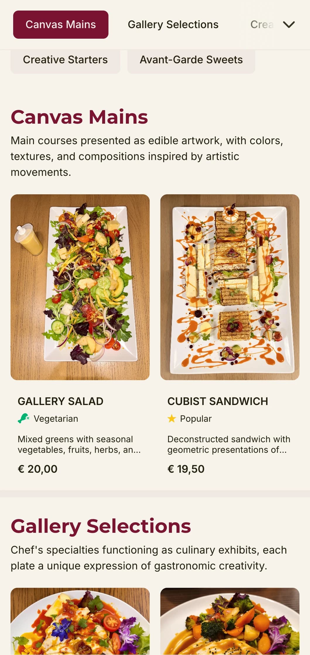 Creative, art-inspired lunch menu design with bold color accents and expressive layout, ideal for restaurants near galleries and artistic districts.