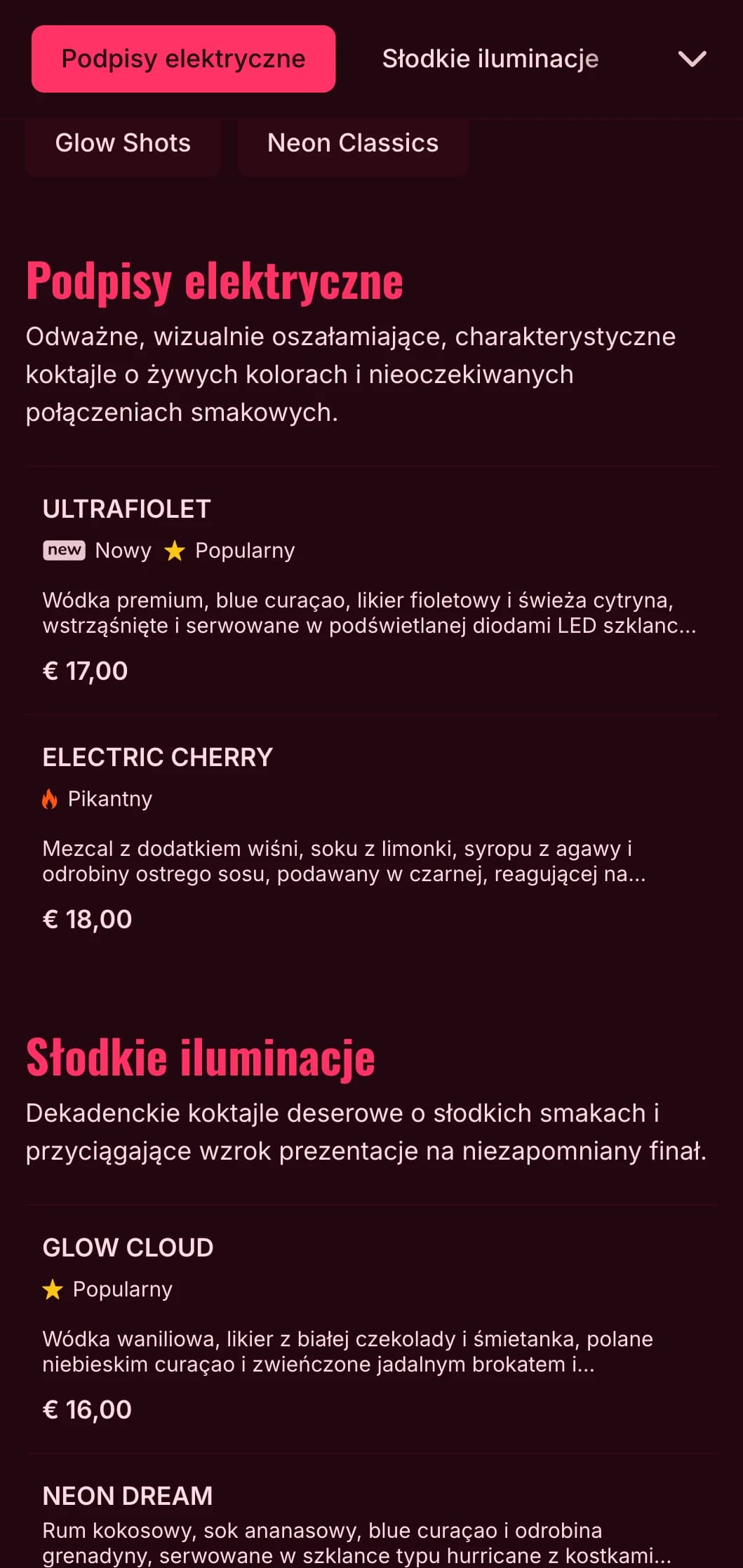 Odważny, żywy projekt menu inspirowany neonowym życiem nocnym, idealny do współczesnych barów koktajlowych i klubów nocnych.