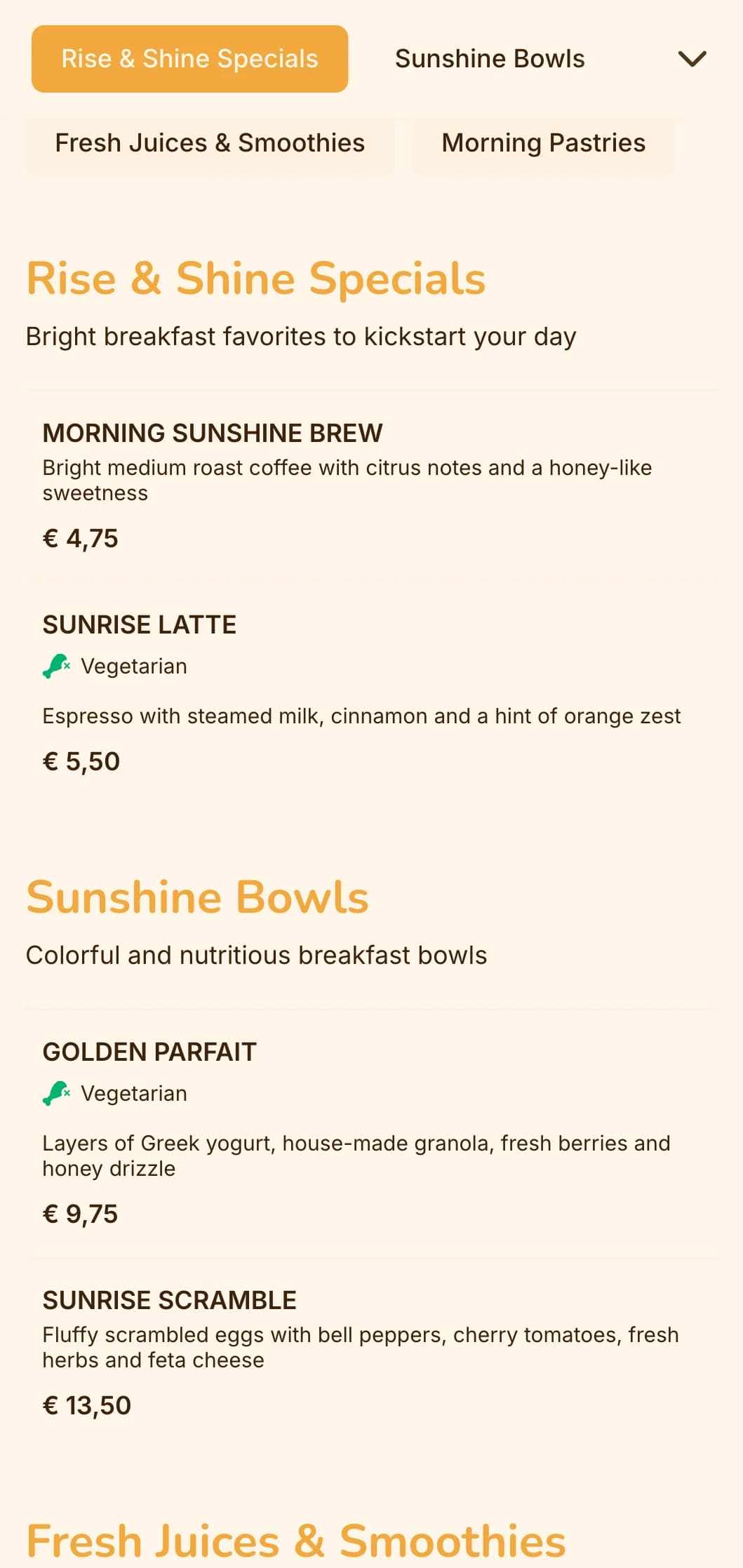Cheerful yellow and orange design with sunny elements for breakfast diners and brunch spots.