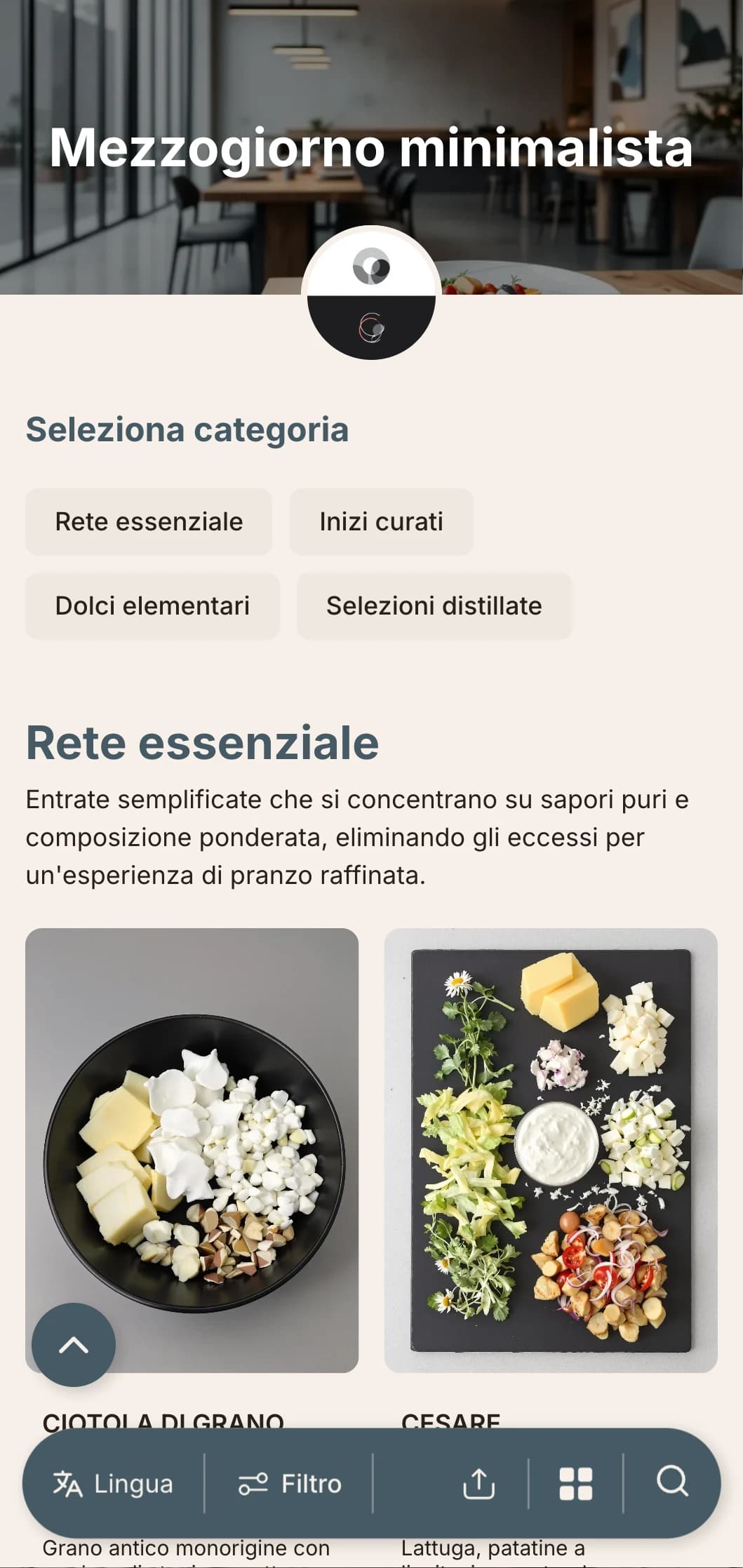 Design ultra-pulito e minimalista per il menu del pranzo, con ampi spazi bianchi e tipografia precisa, adatto a ristoranti urbani contemporanei con un approccio orientato al design.