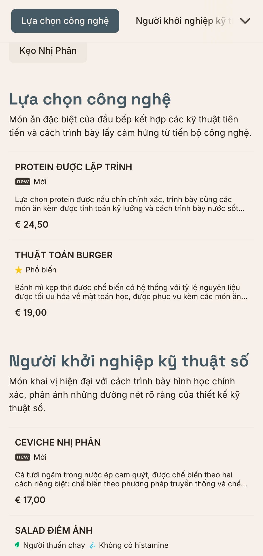 Thiết kế thực đơn trưa lấy cảm hứng từ kỹ thuật số với tính thẩm mỹ công nghệ và bố cục dạng lưới chính xác, hoàn hảo cho các nhà hàng ở các khu đổi mới sáng tạo và gần các công ty công nghệ.