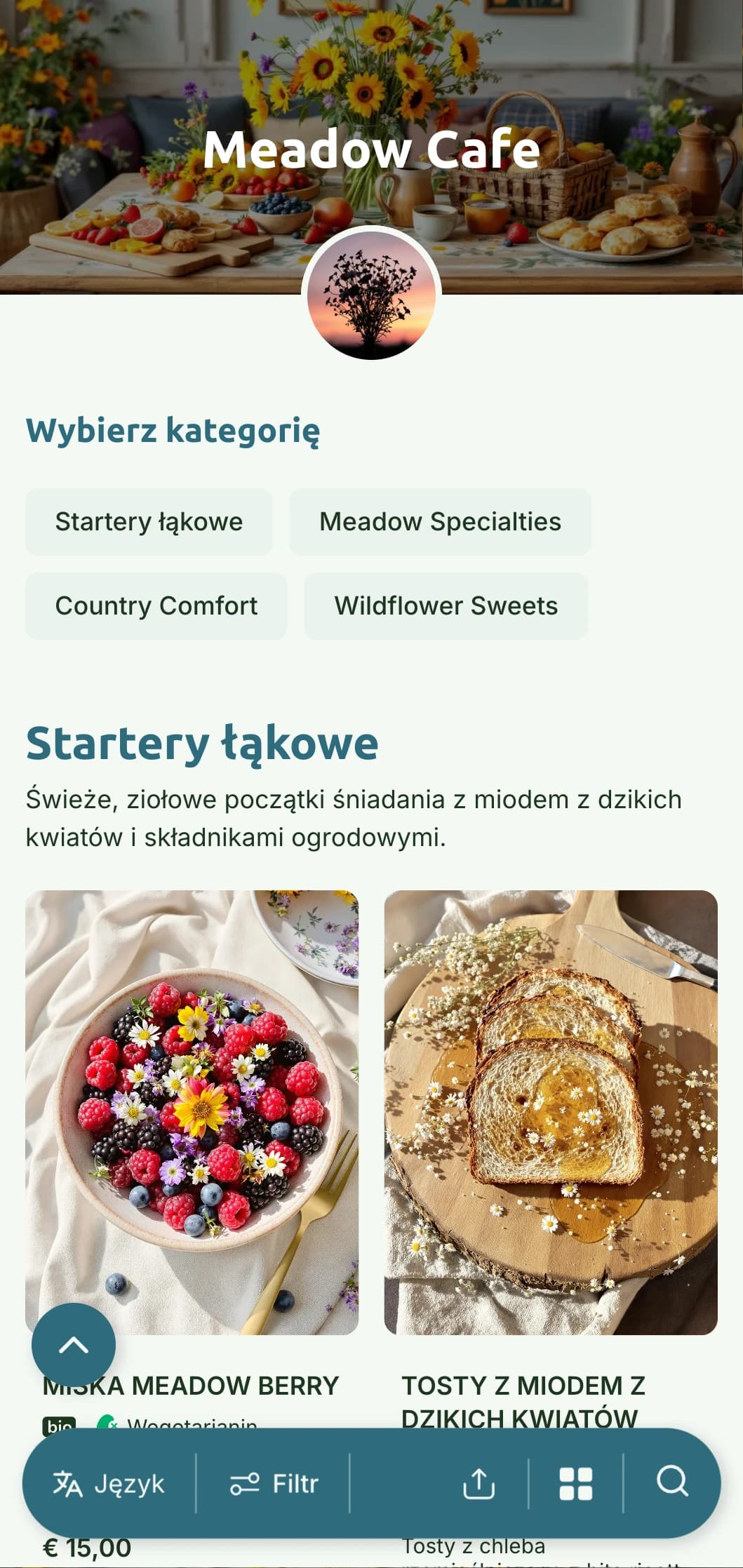 Świeże, zdrowe opcje śniadaniowe inspirowane kwiatami łąkowymi i ziołami w jasnej, naturalnej prezentacji.