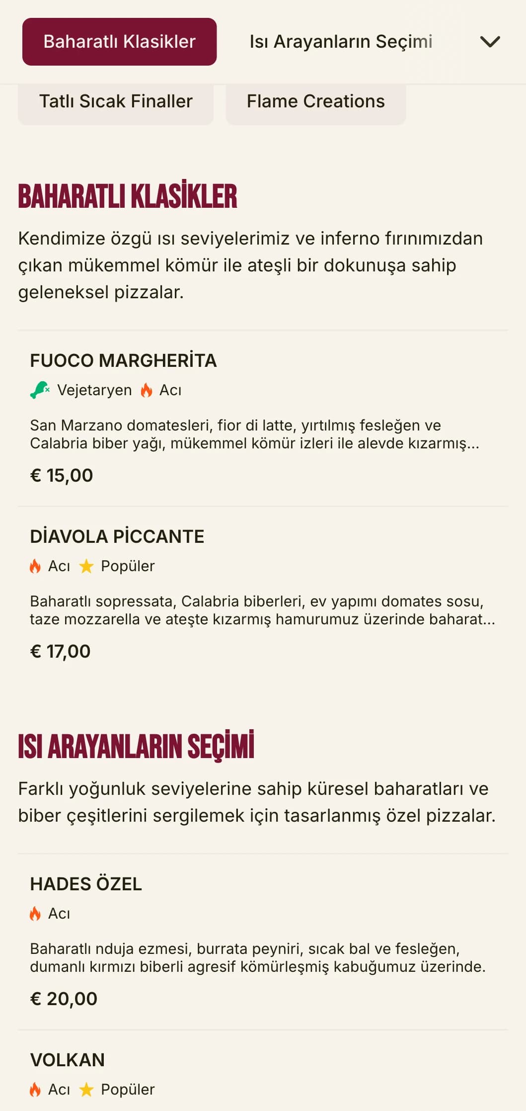 Baharatlı pizza uzmanları için cesur tipografi ve canlı renklere sahip yüksek enerjili pizza menüsü.