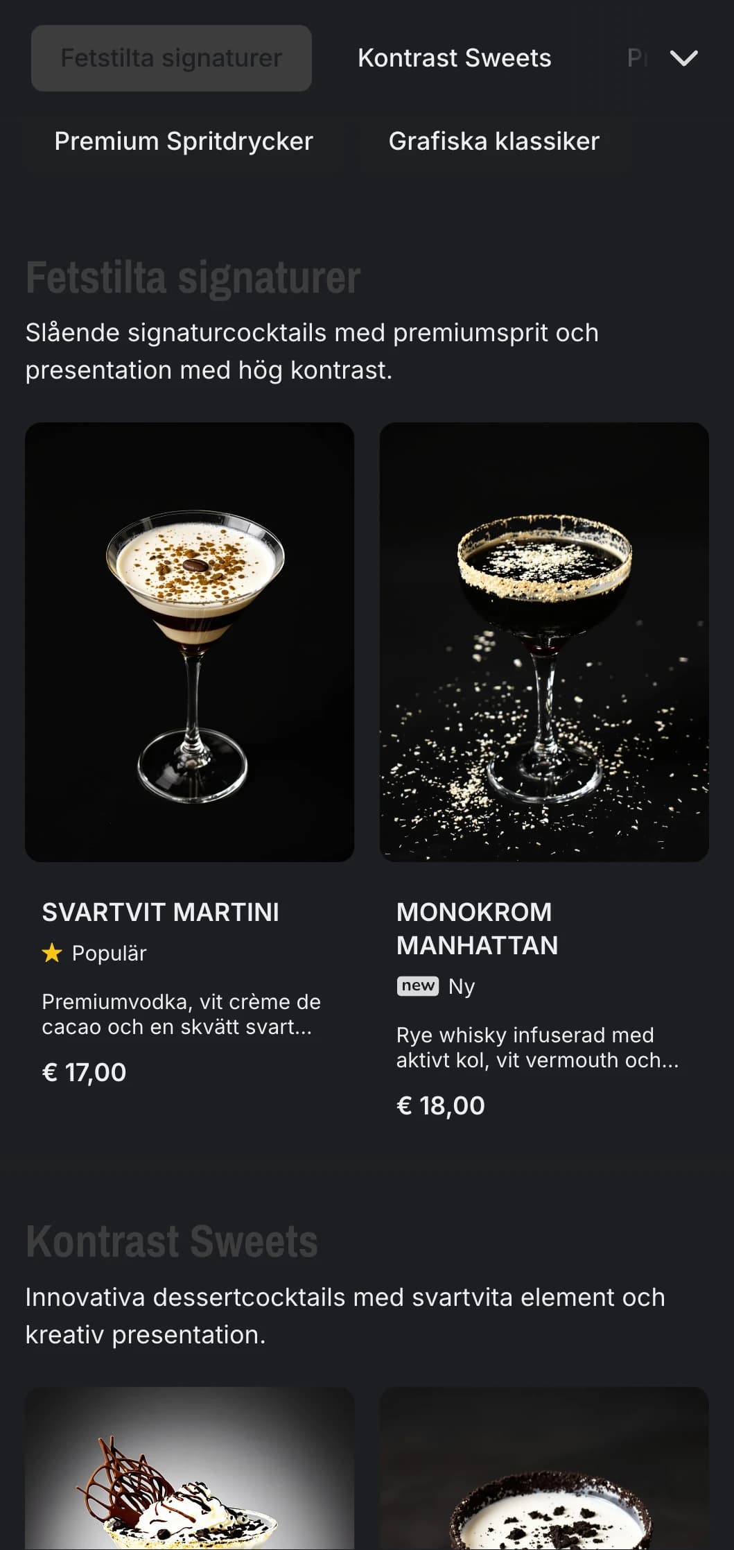 En elegant, svartvit design för moderna cocktailbarer med starka kontraster och minimalistisk typografi.
