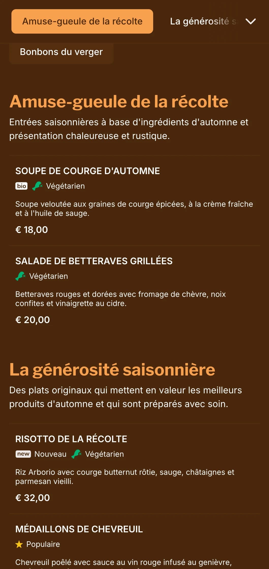 Un menu chaleureux, inspiré de l'automne, avec de riches tons ambrés, idéal pour la cuisine saisonnière et les restaurants axés sur les récoltes.