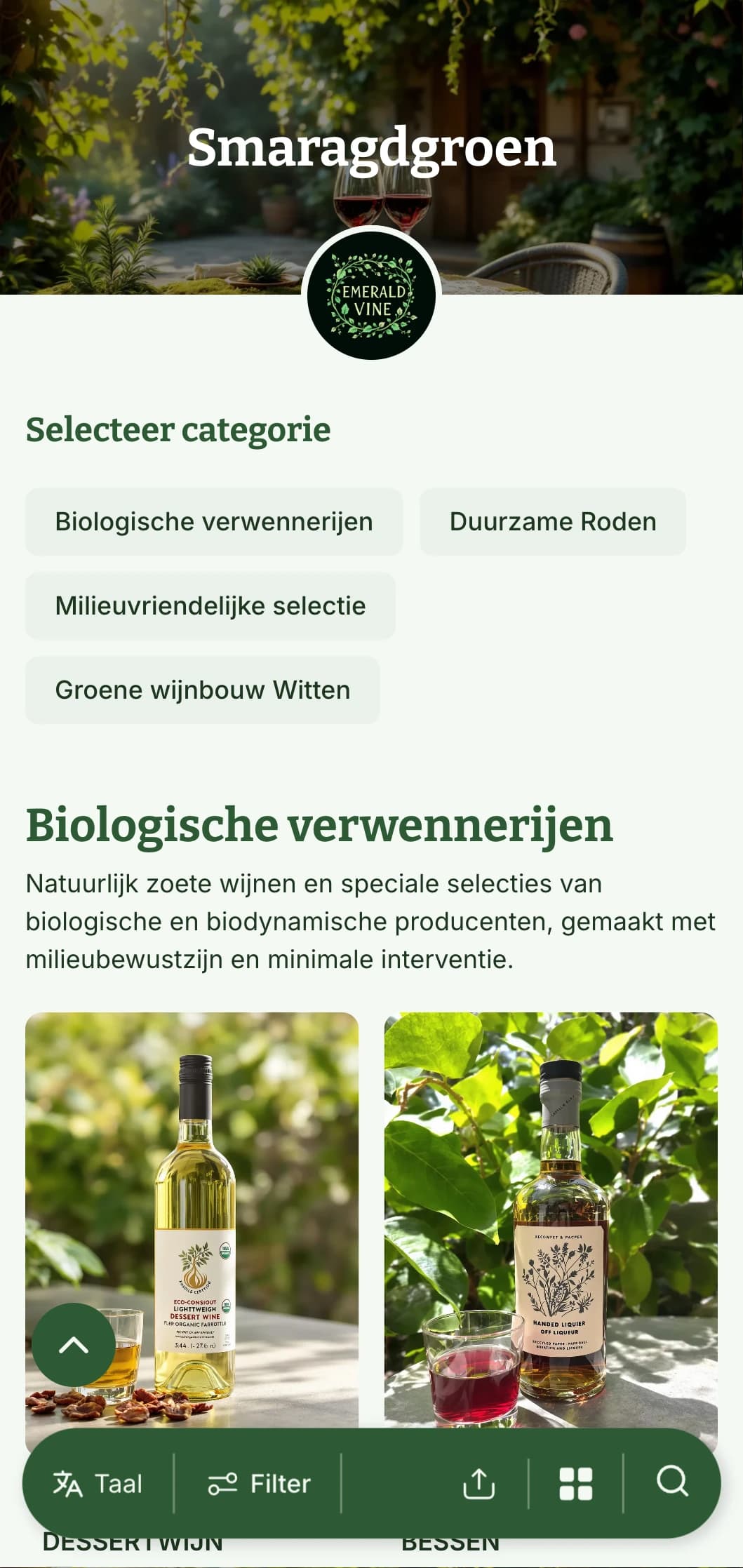 Weelderig groen sjabloon voor wijnkaart met botanische elementen en natuurlijke texturen, perfect voor biologische wijnselecties en tuinrestaurants.
