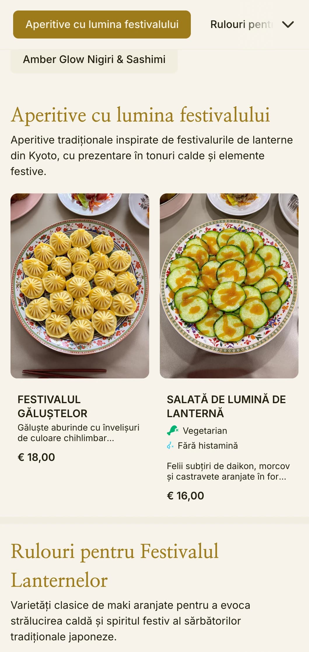 Meniu sushi tradițional inspirat de felinare, cu tonuri calde de chihlimbar pentru o atmosferă japoneză autentică.