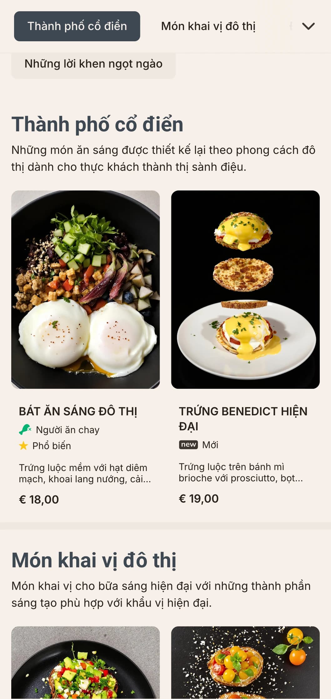 Các lựa chọn bữa sáng hiện đại, sang trọng dành cho người thành thị, có cách trình bày tối giản và sự kết hợp hương vị sáng tạo.