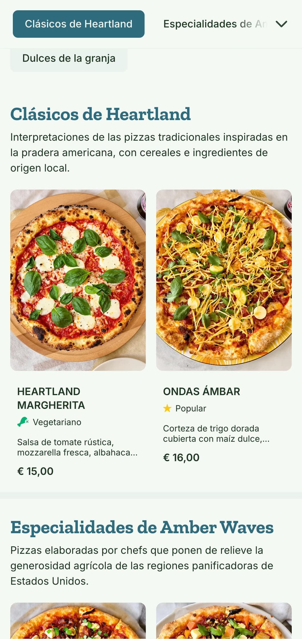 Carta de pizzas inspirada en el corazón de Estados Unidos, con motivos de trigo y elementos naturales.