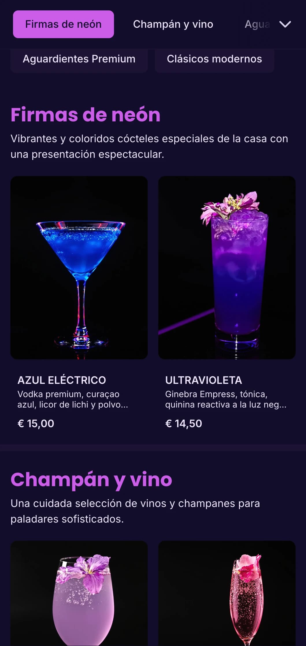 Vibrante diseño morado y ultravioleta para discotecas y coctelerías de moda.