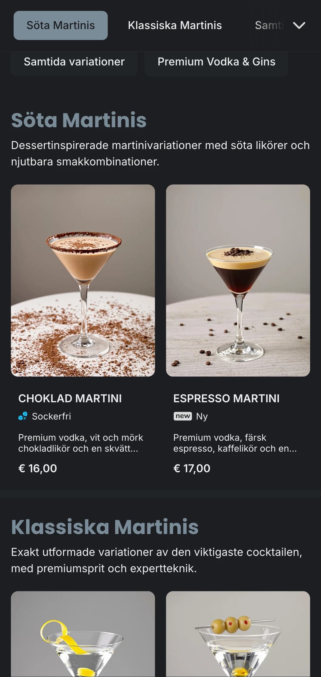 En sofistikerad, urban menydesign för martinibarer och lounger med snygg typografi och svala gråtoner.