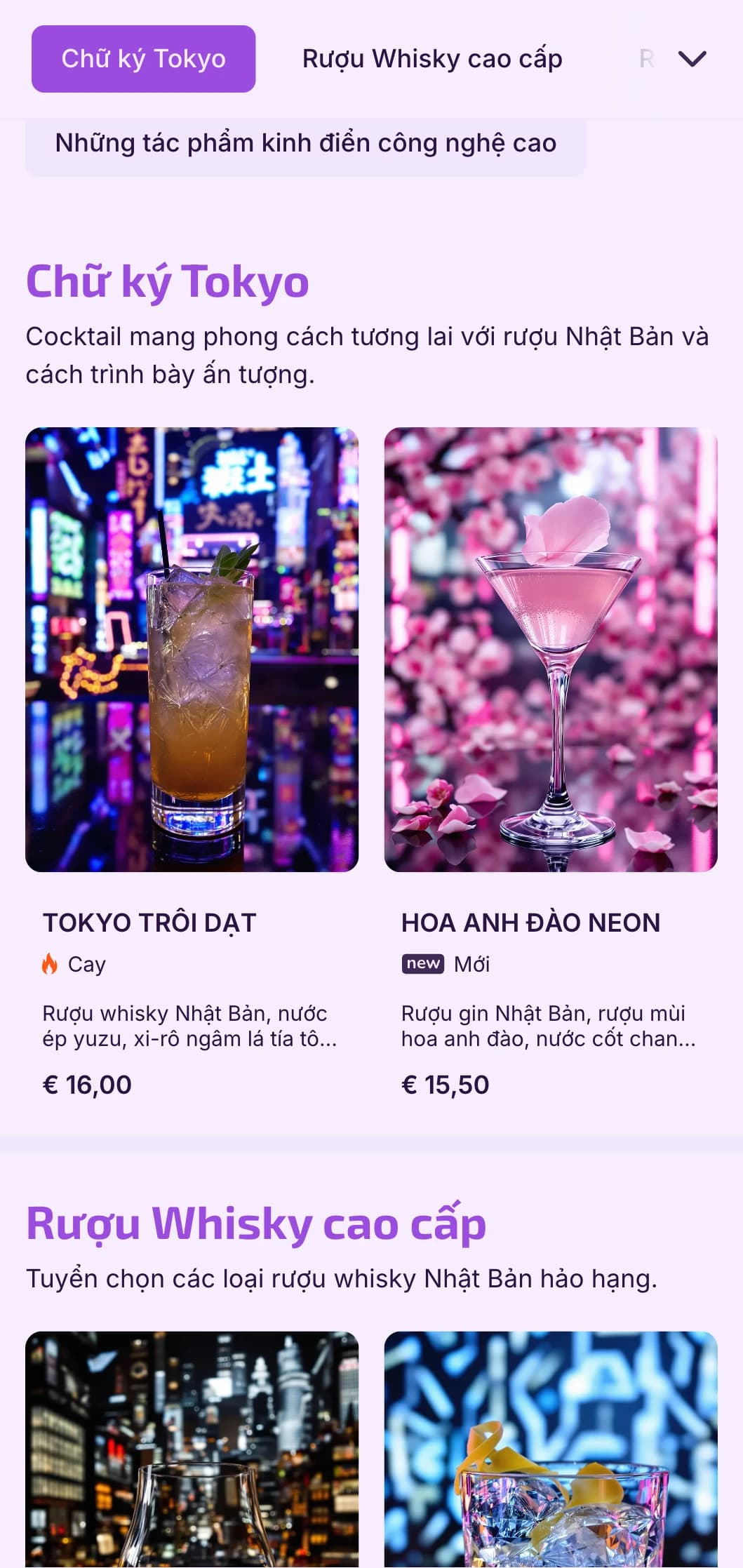 Thiết kế màu tím đậm và đen với các yếu tố công nghệ dành cho quầy bar lấy cảm hứng từ phong cách Nhật Bản tương lai.
