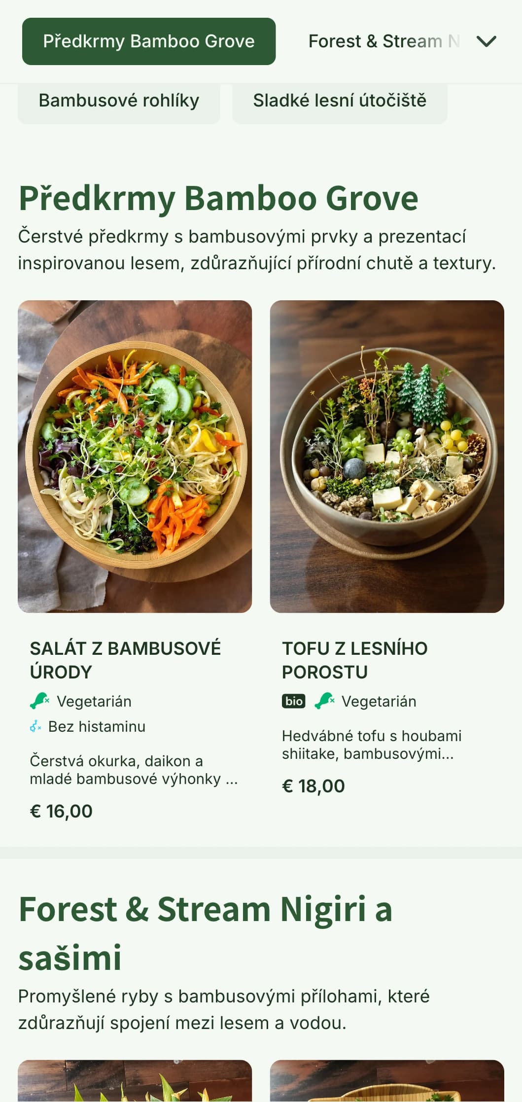 Přírodní, bambusem inspirované menu sushi s lesně zelenými tóny a organickými prvky pro autentické podniky.