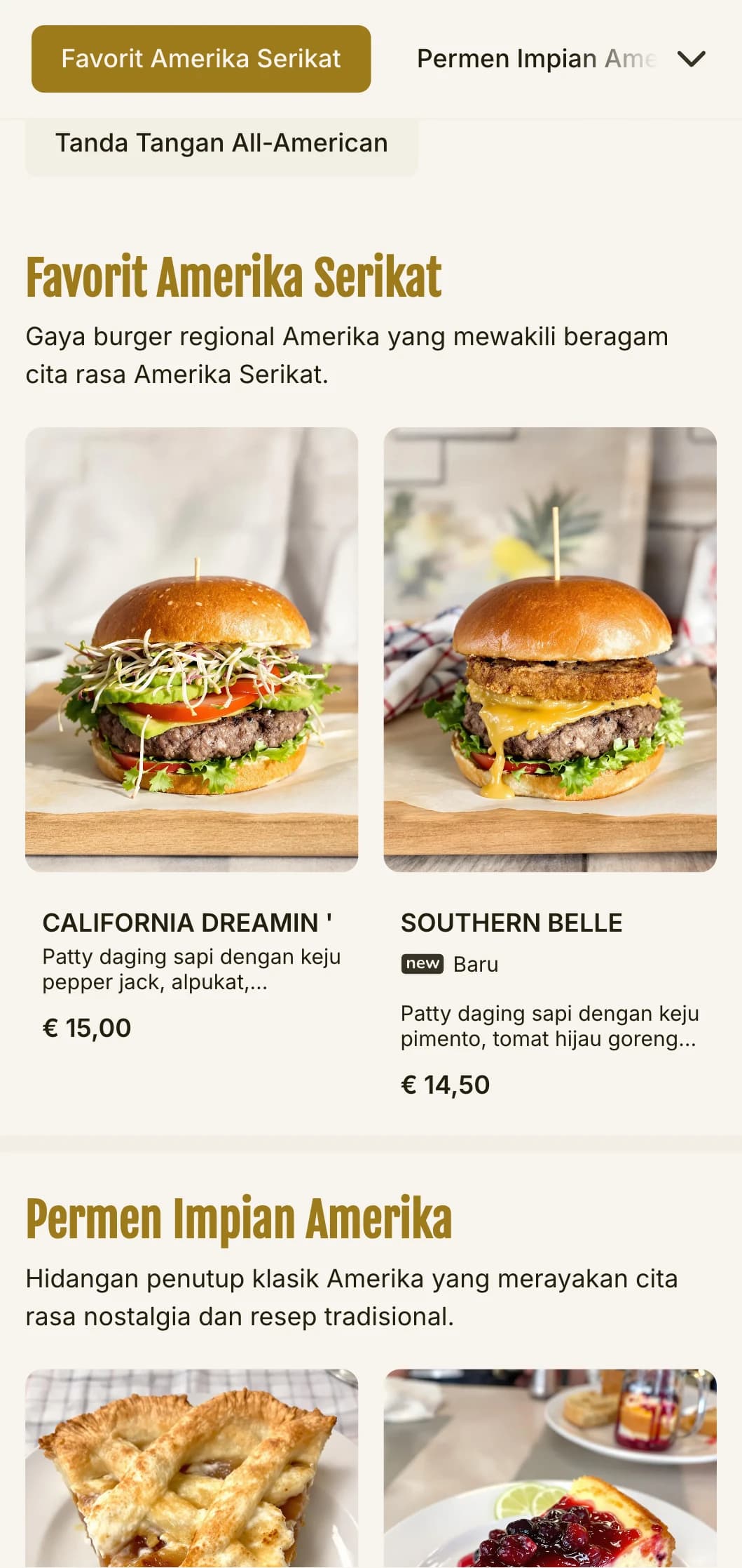 Gerai burger Amerika klasik dengan aksen merah, putih dan biru serta elemen restoran yang bernuansa nostalgia.