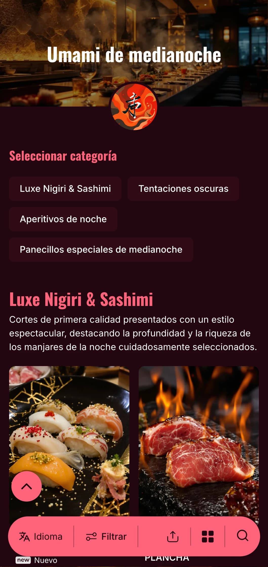 Lujosa experiencia de sushi nocturno con atrevidos contrastes, con un rico burdeos y brillantes acentos sobre un fondo profundo.