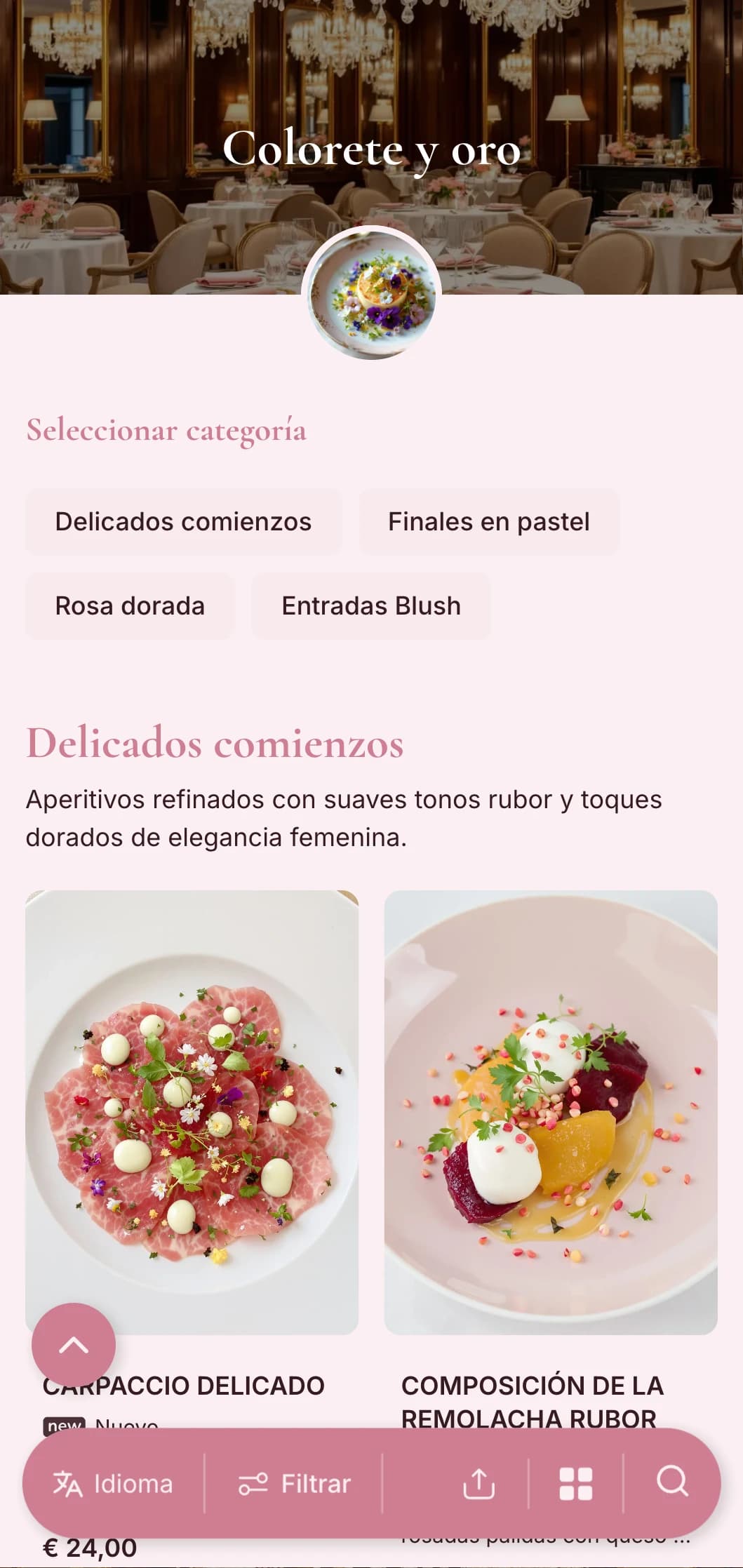 Refinado concepto femenino que presenta suaves tonos rubor con elegantes toques dorados para una delicada experiencia de lujo.