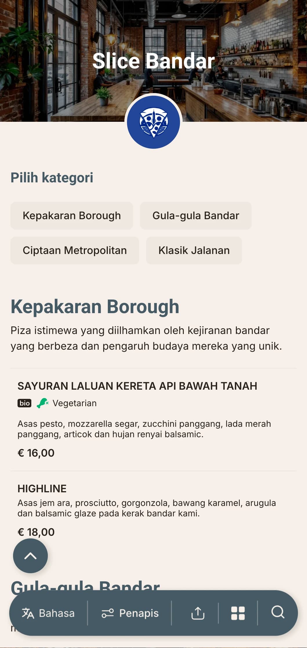 Menu piza kontemporari bandar dengan elemen reka bentuk perindustrian, sesuai untuk piza pusat bandar.