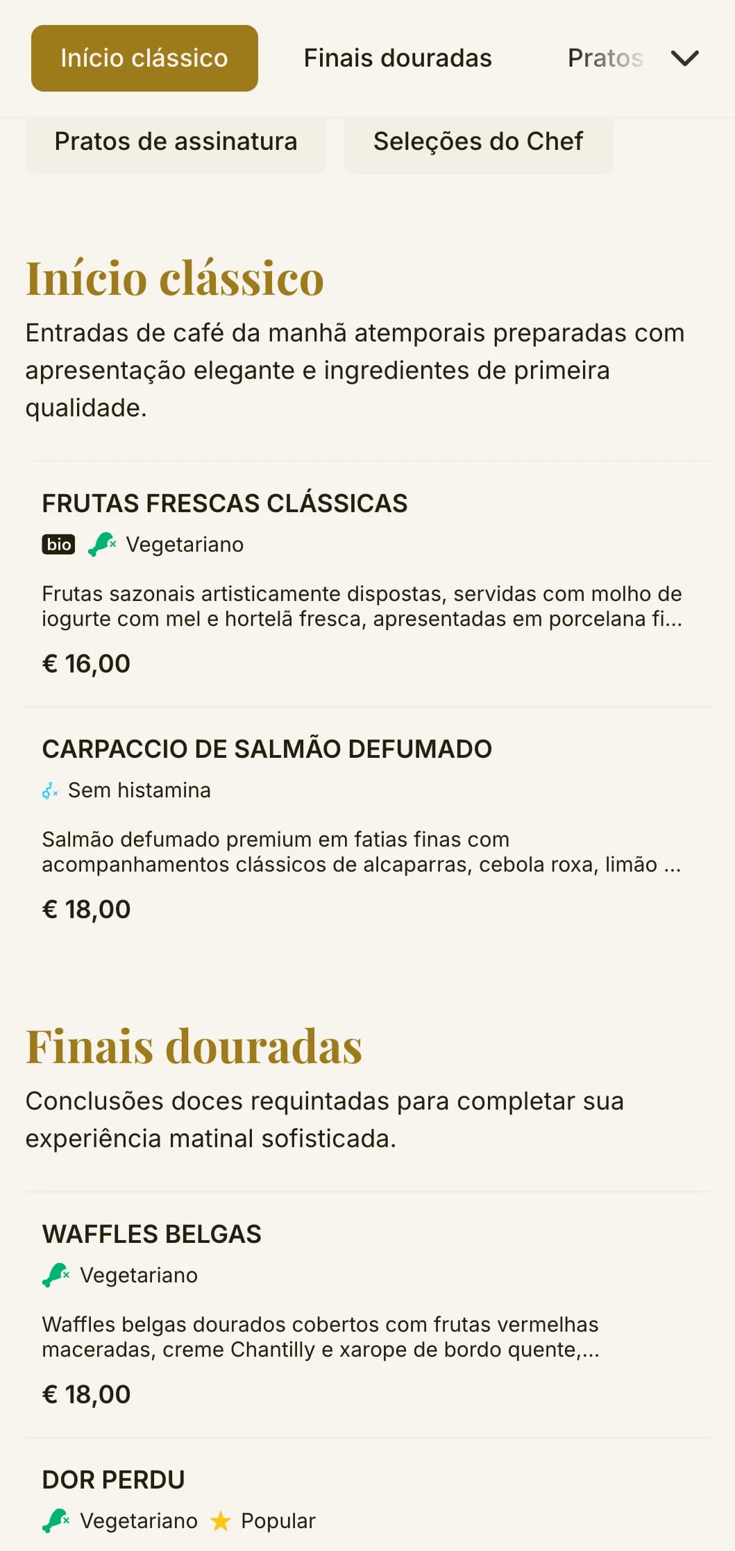 Jantar matinal elegante com clássicos de café da manhã atemporais e apresentação refinada para um início sofisticado do seu dia.