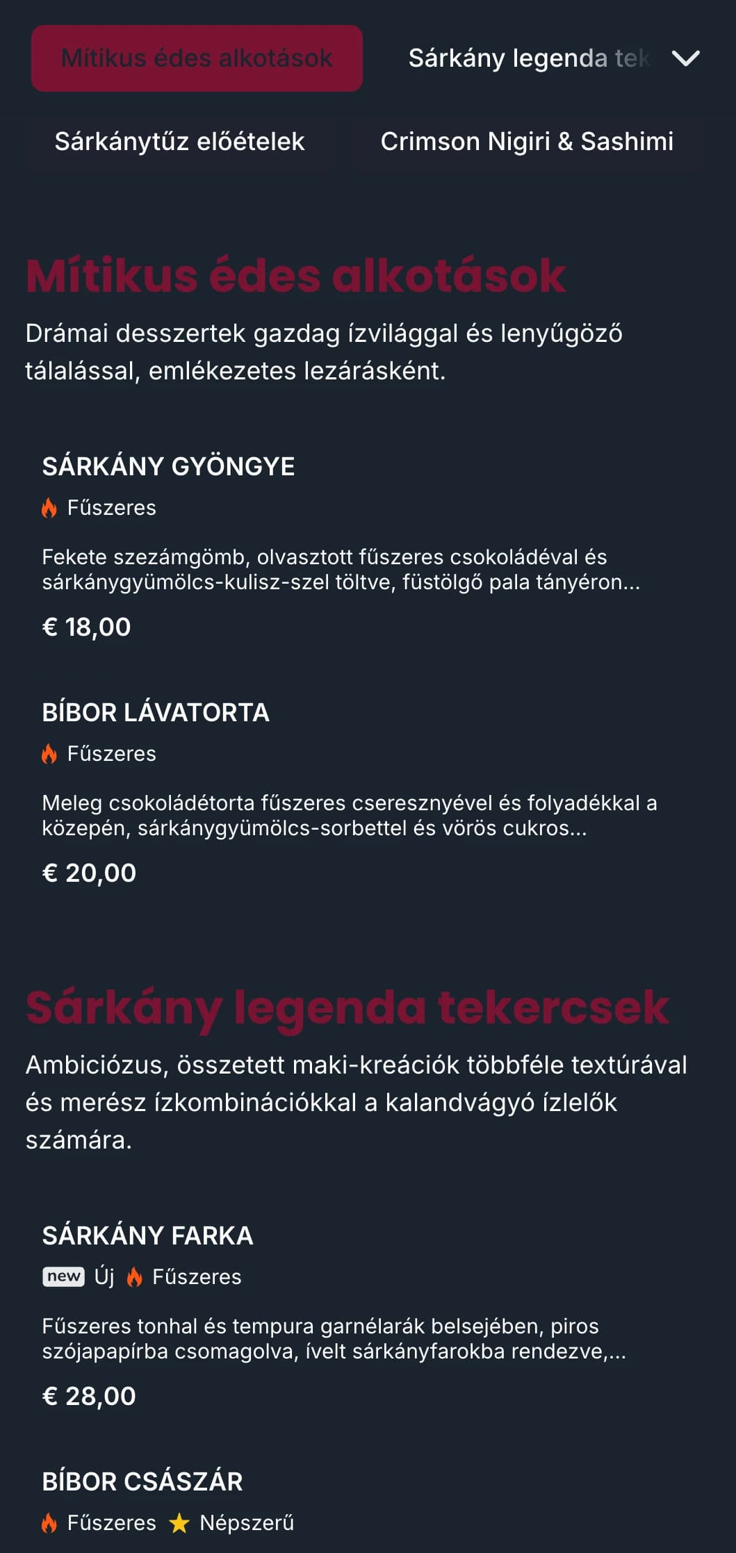 Merész, drámai sushi menü gazdag vörös tónusokkal, amelyeket a hagyományos japán sárkányos mitológia ihletett.