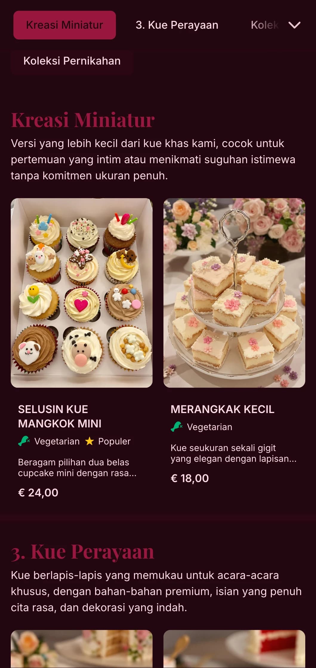 Desain menu roti yang mewah dan feminin dengan warna merah muda yang kaya dan tipografi yang elegan, ideal untuk toko kue kelas atas dan spesialis kue pernikahan.