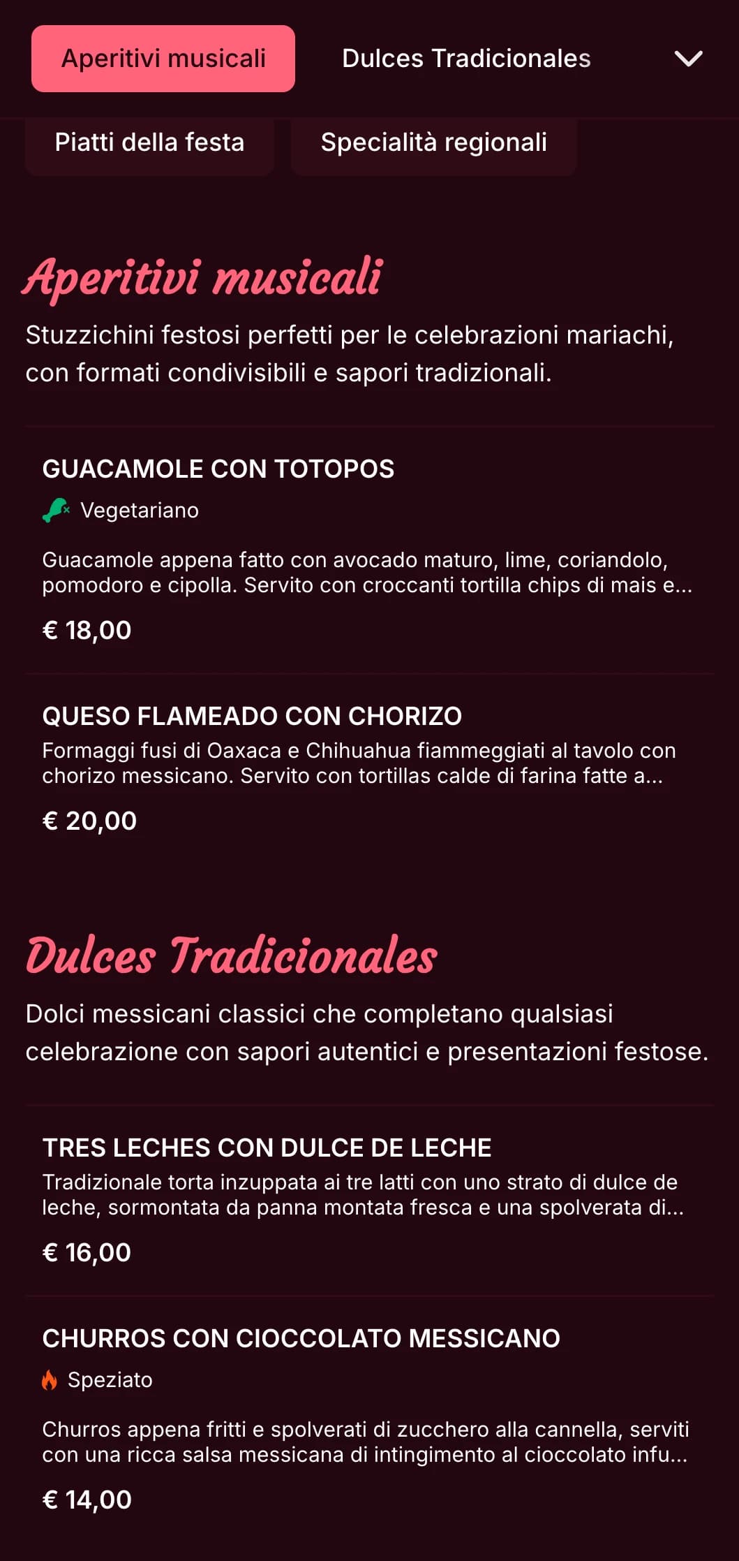 Menu messicano vivace e musicale con accenti rosa acceso, immagini mariachi e piatti festosi perfetti per feste e celebrazioni.