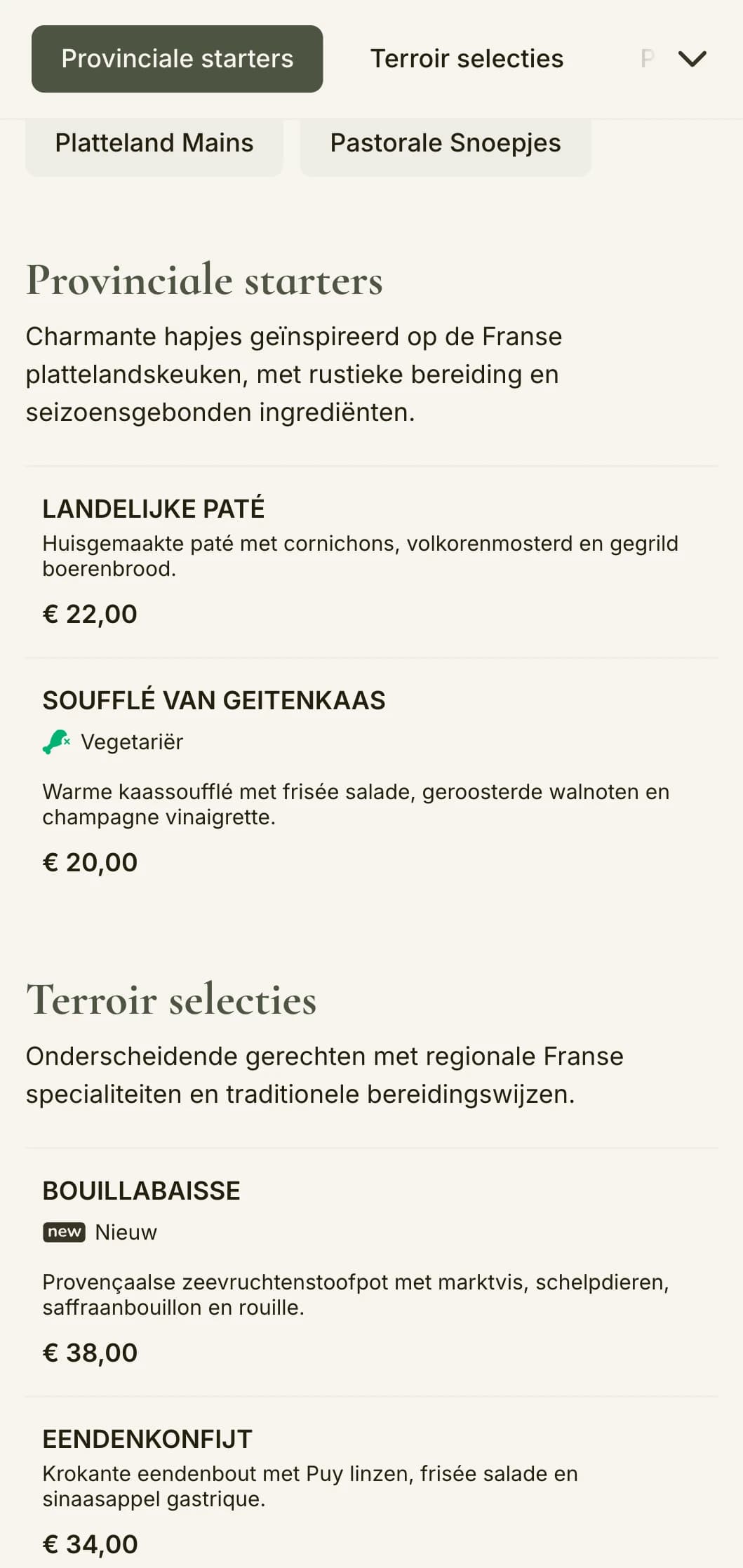 Een charmant dinermenu geïnspireerd op de esthetiek van het Franse platteland, met saliegroene tinten en rustieke elegantie.