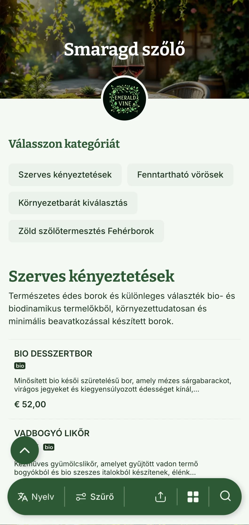 Gyönyörű zöld témájú borlap sablon botanikai elemekkel és természetes textúrákkal, tökéletes a bio borválaszték és a kerti éttermek számára.