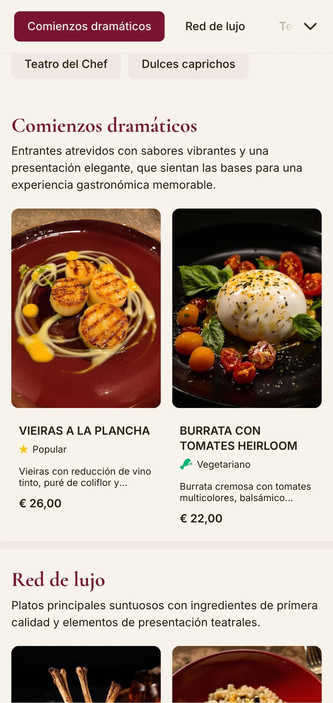 Un menú atrevido y espectacular con tonos rojos intensos y elementos lujosos, diseñado para cenas de lujo con un toque teatral.