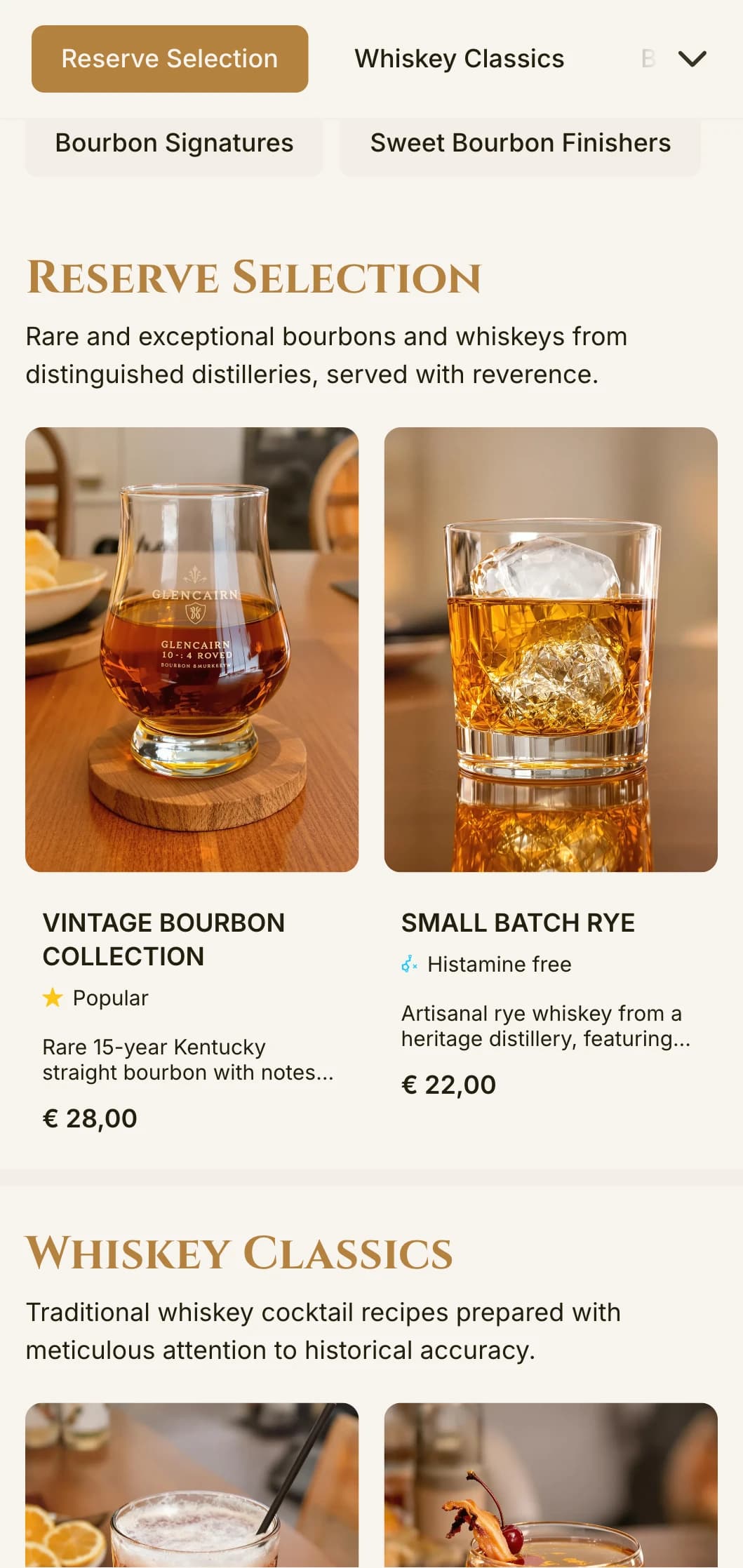 An elegant, refined design for bourbon bars and whiskey lounges featuring vintage typography and warm amber accents.