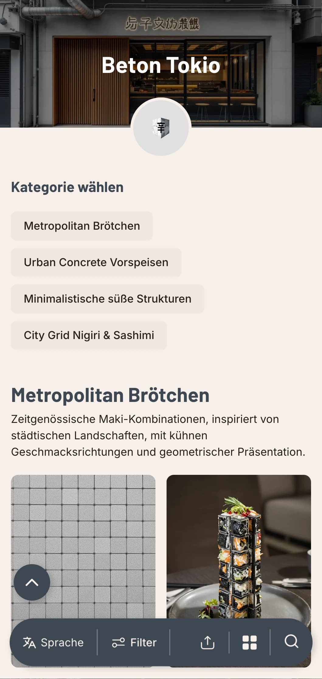Industrielles, urbanes Sushi-Menü mit betongrauen Tönen und minimalistischem Design für moderne städtische Lokale.