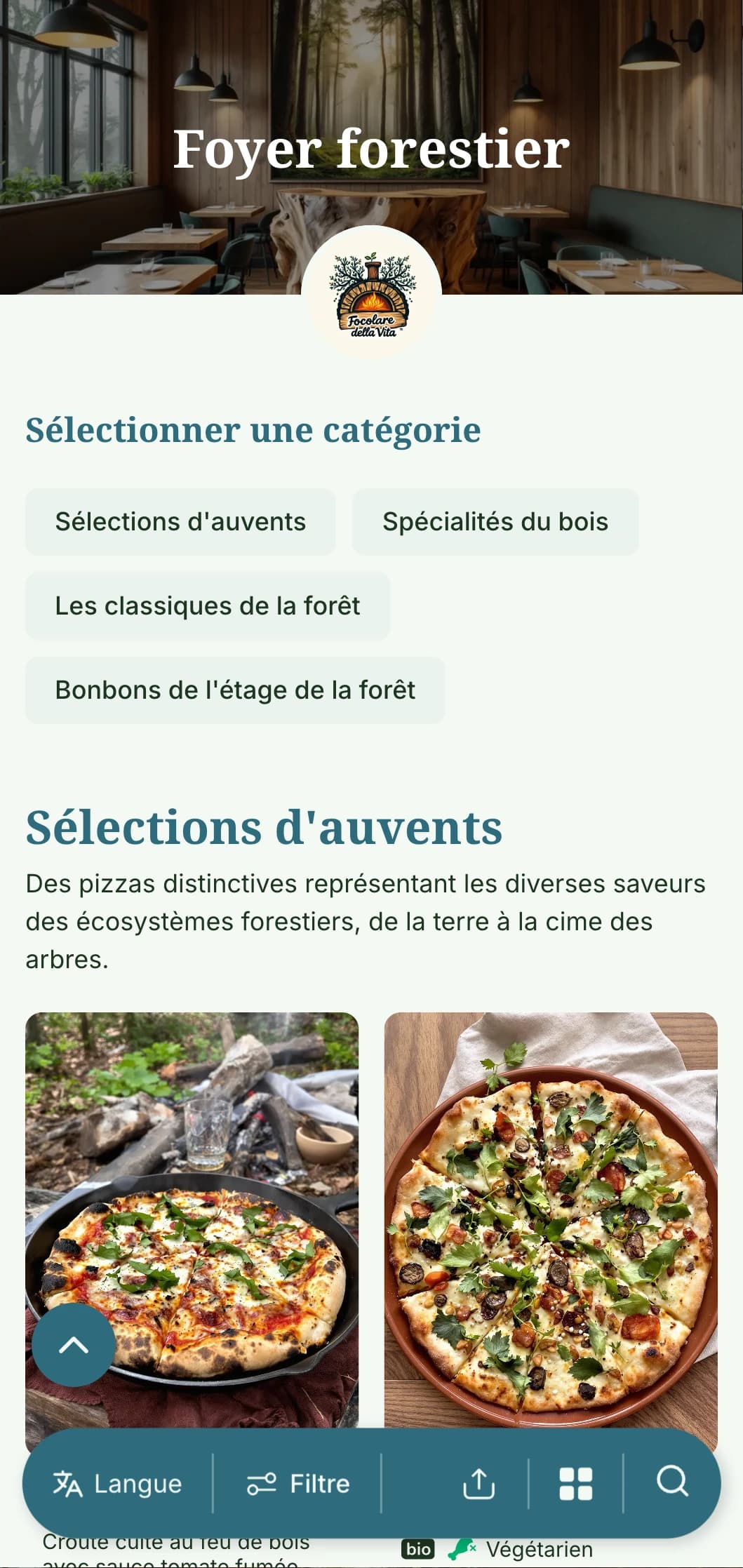 Carte de pizzas inspirée de la forêt, avec des éléments forestiers et une palette de couleurs terreuses.