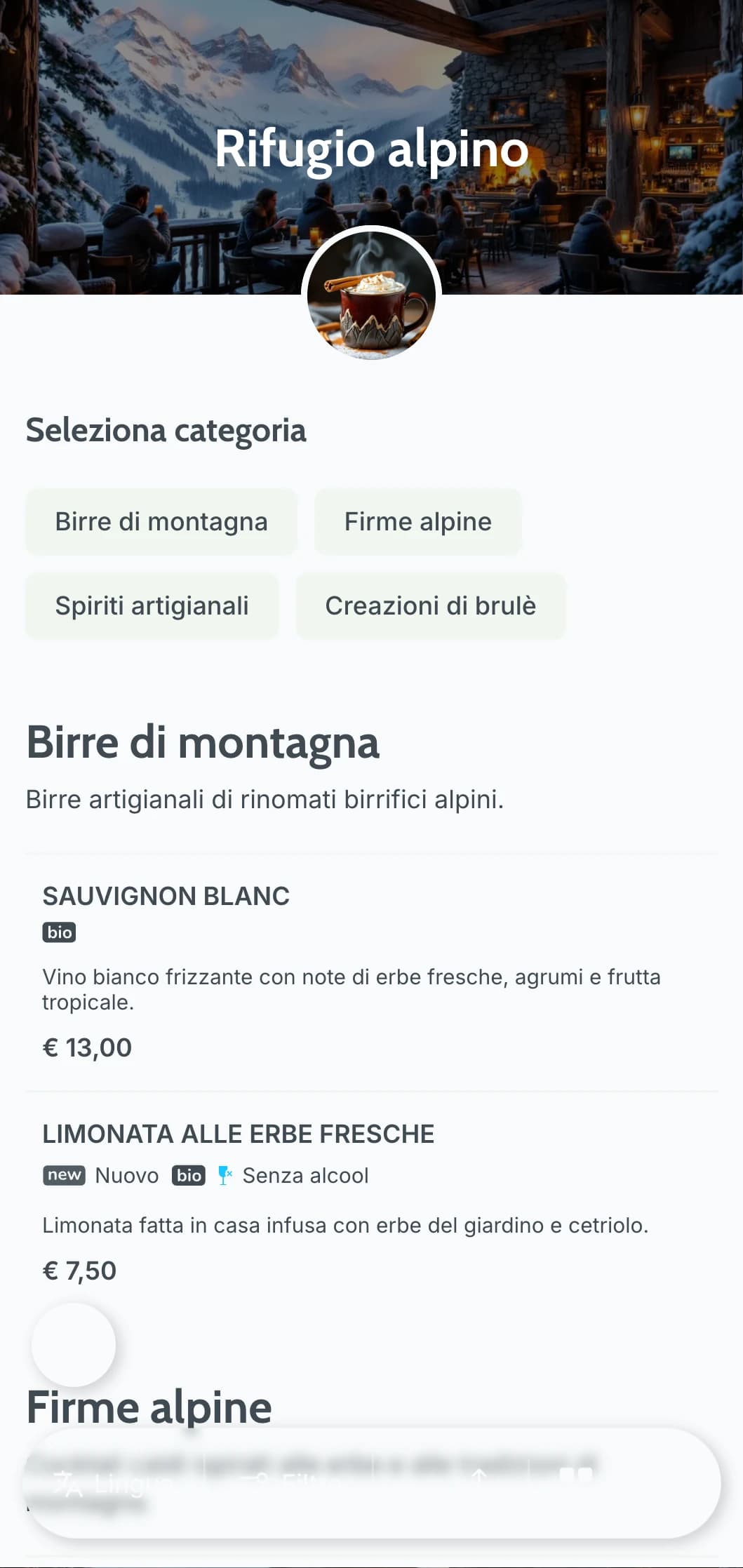 Fresco design grigio-blu ispirato ai rifugi di montagna per i bar après-ski.