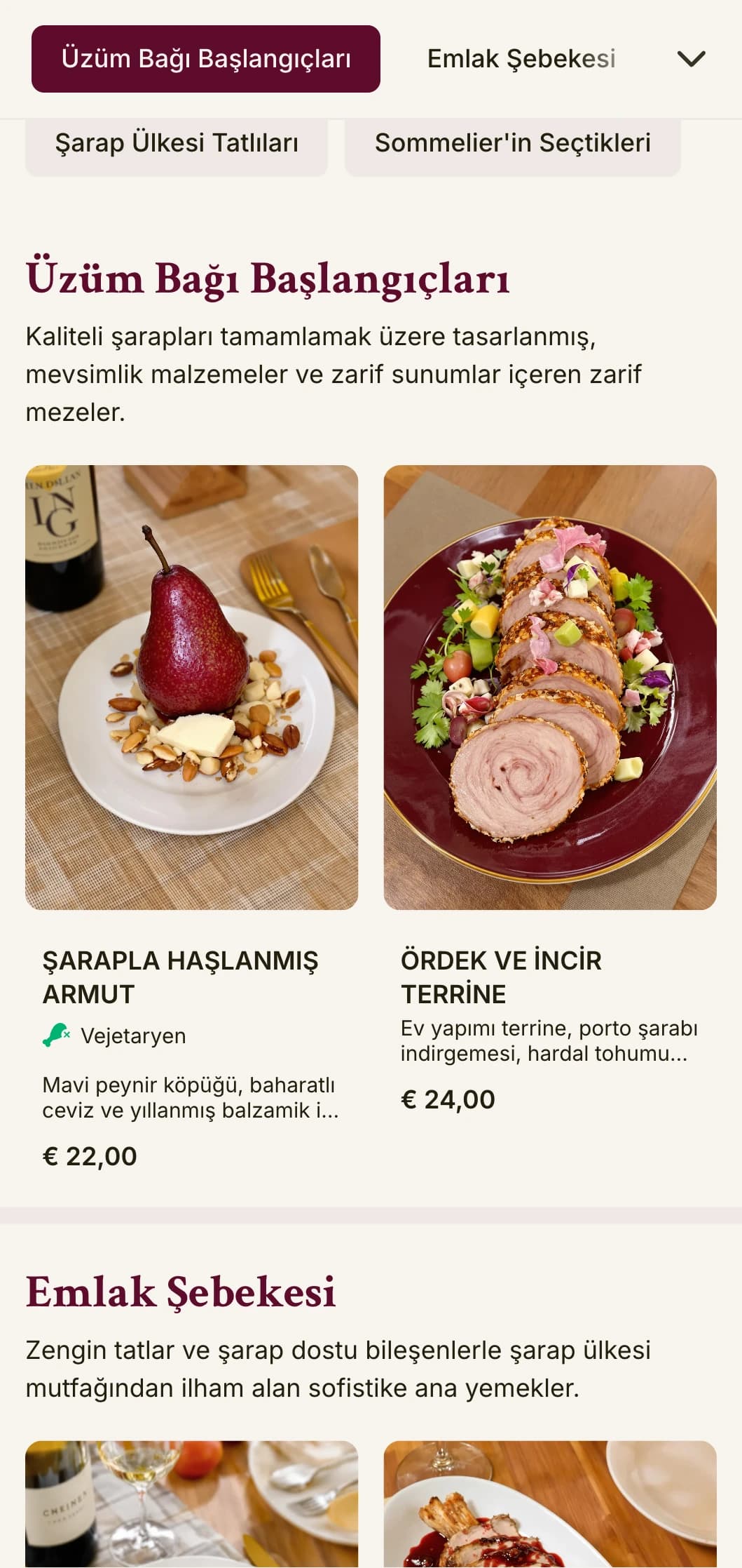 Kapsamlı şarap programlarına sahip işletmeler için tasarlanmış, şaraptan ilham alan renklere ve zarif tipografiye sahip sofistike bir akşam yemeği menüsü.