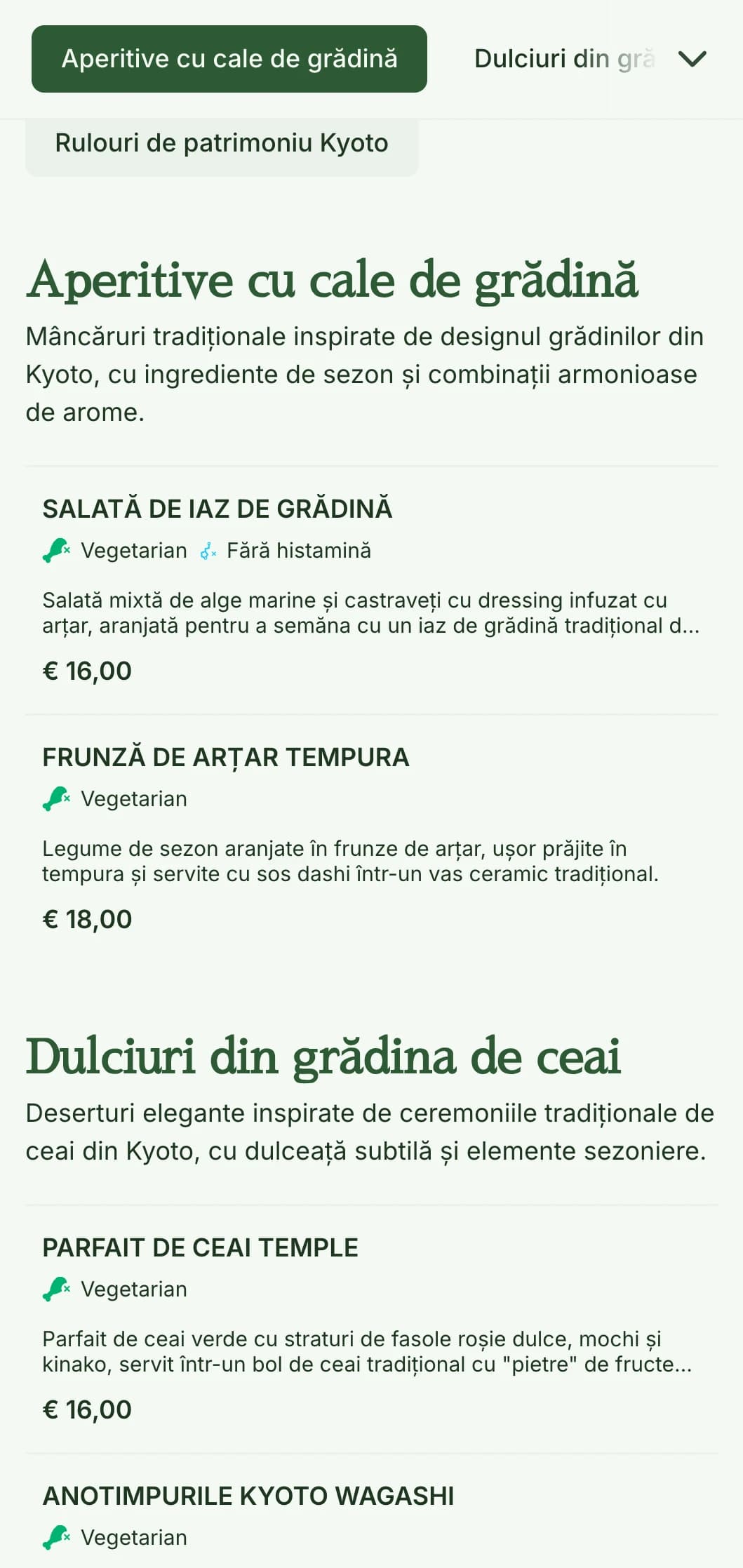 Meniu sushi tradițional inspirat din grădina japoneză, cu tonuri verzi senine și elemente clasice.