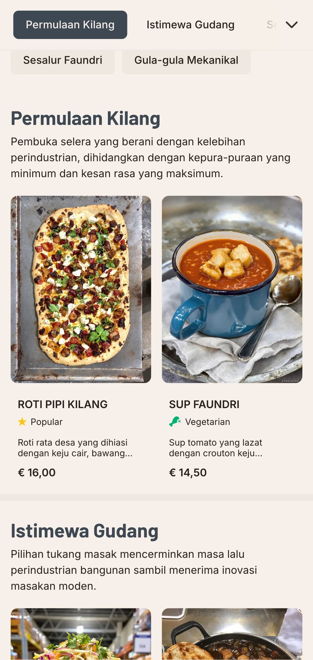Reka bentuk menu makan tengah hari bandar yang mentah dengan estetika perindustrian dan tipografi berani, sesuai untuk restoran gudang yang ditukar dan restoran bergaya bandar.