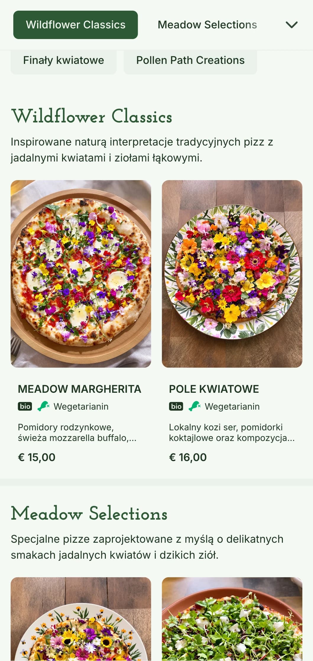Menu pizzy inspirowane dzikimi kwiatami, podkreślające lokalne, zbierane składniki i naturalną prezentację.