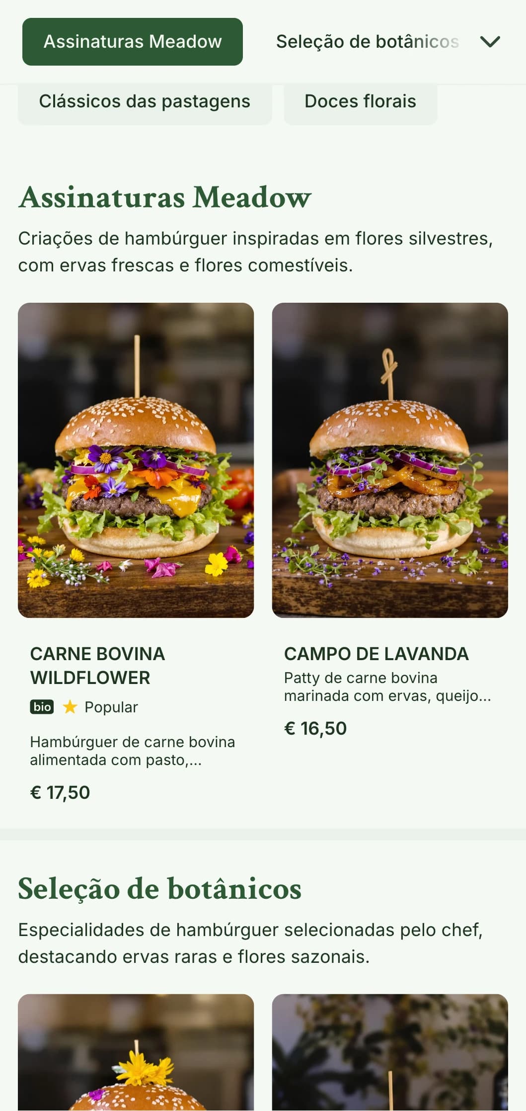 Conceito de hambúrguer inspirado em flores silvestres e pastagens, com estética natural e arejada.