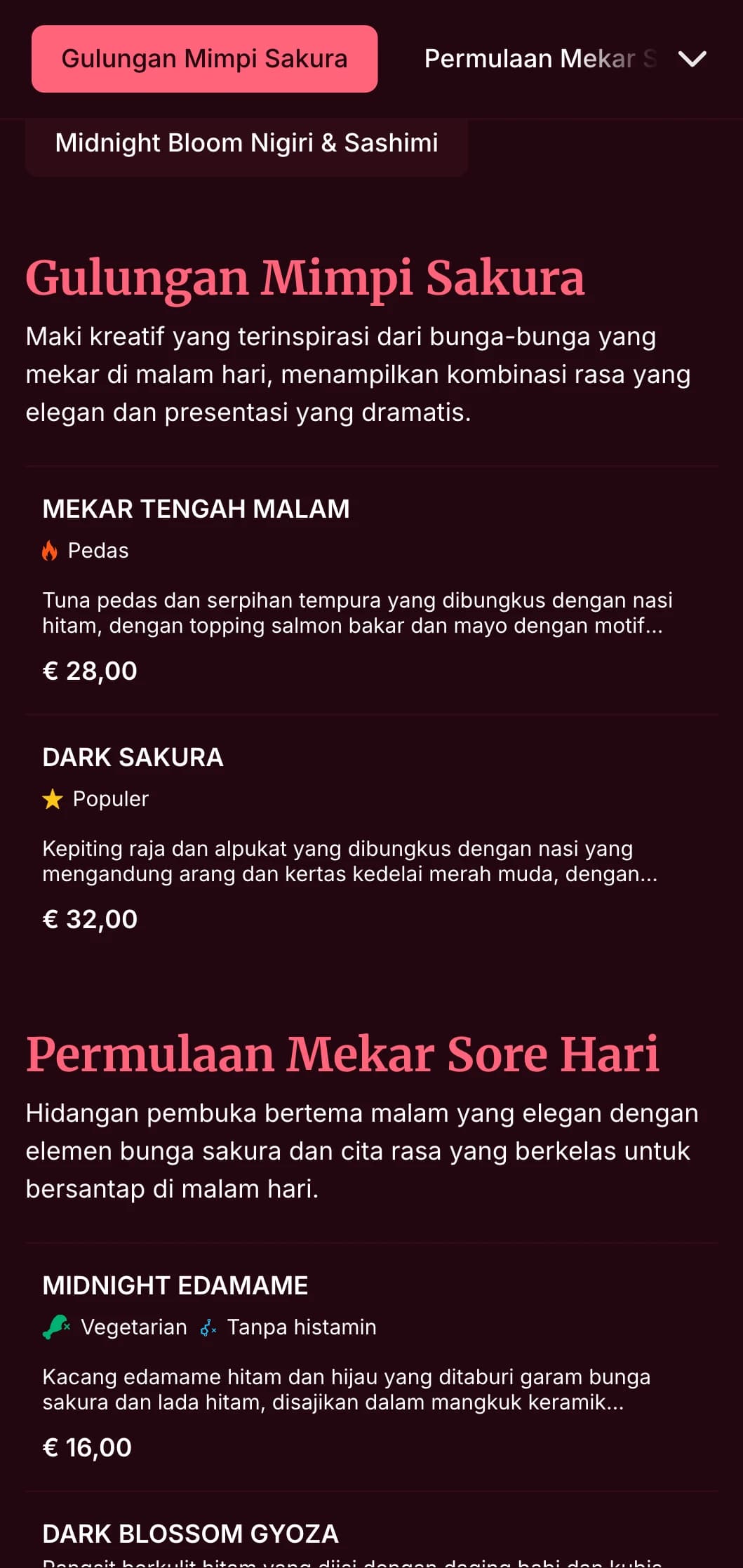 Pengalaman sushi malam yang elegan dengan motif bunga sakura yang dramatis dengan latar belakang warna merah anggur yang pekat untuk bersantap kelas atas.