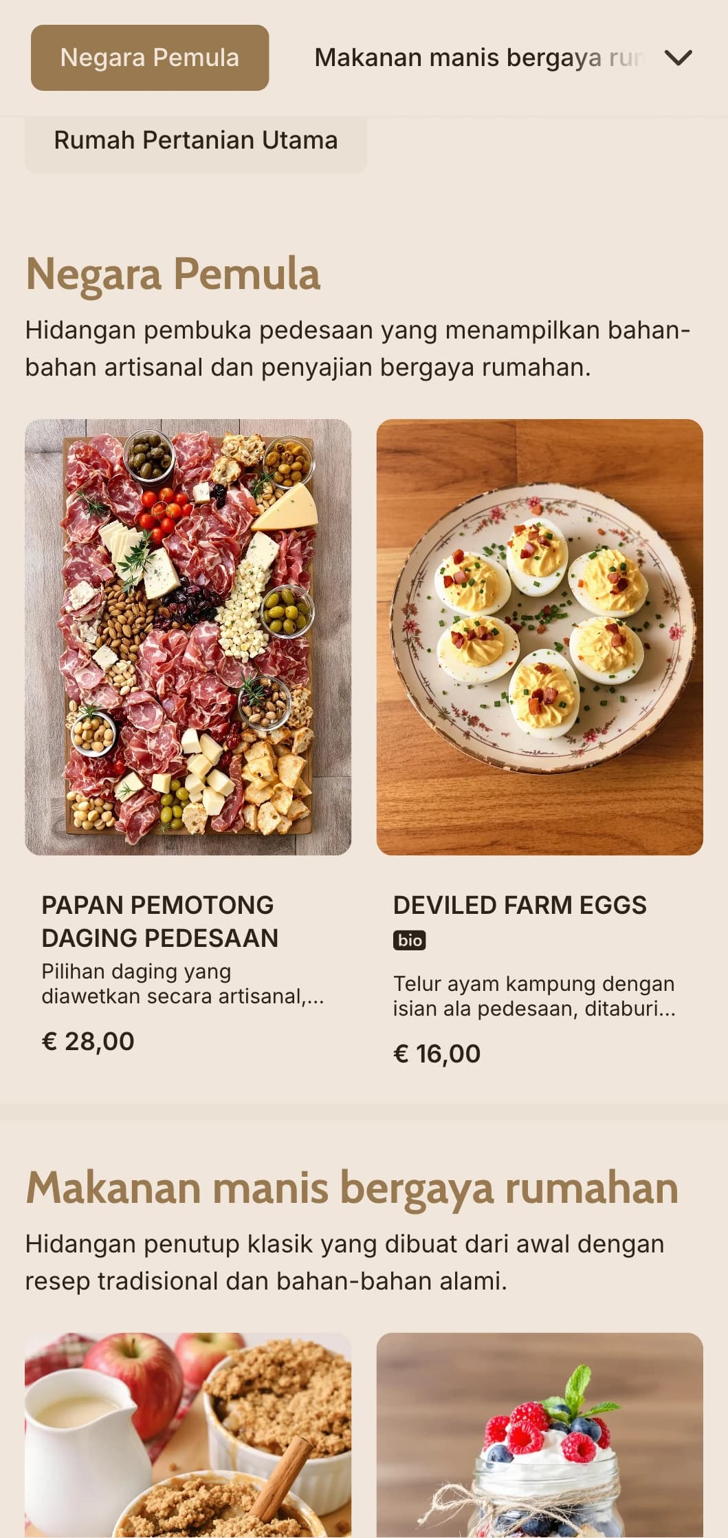 Katering yang terinspirasi dari suasana pedesaan yang hangat dengan hidangan lezat, layanan bergaya keluarga, dan presentasi pedesaan untuk pernikahan di lumbung dan acara pedesaan.