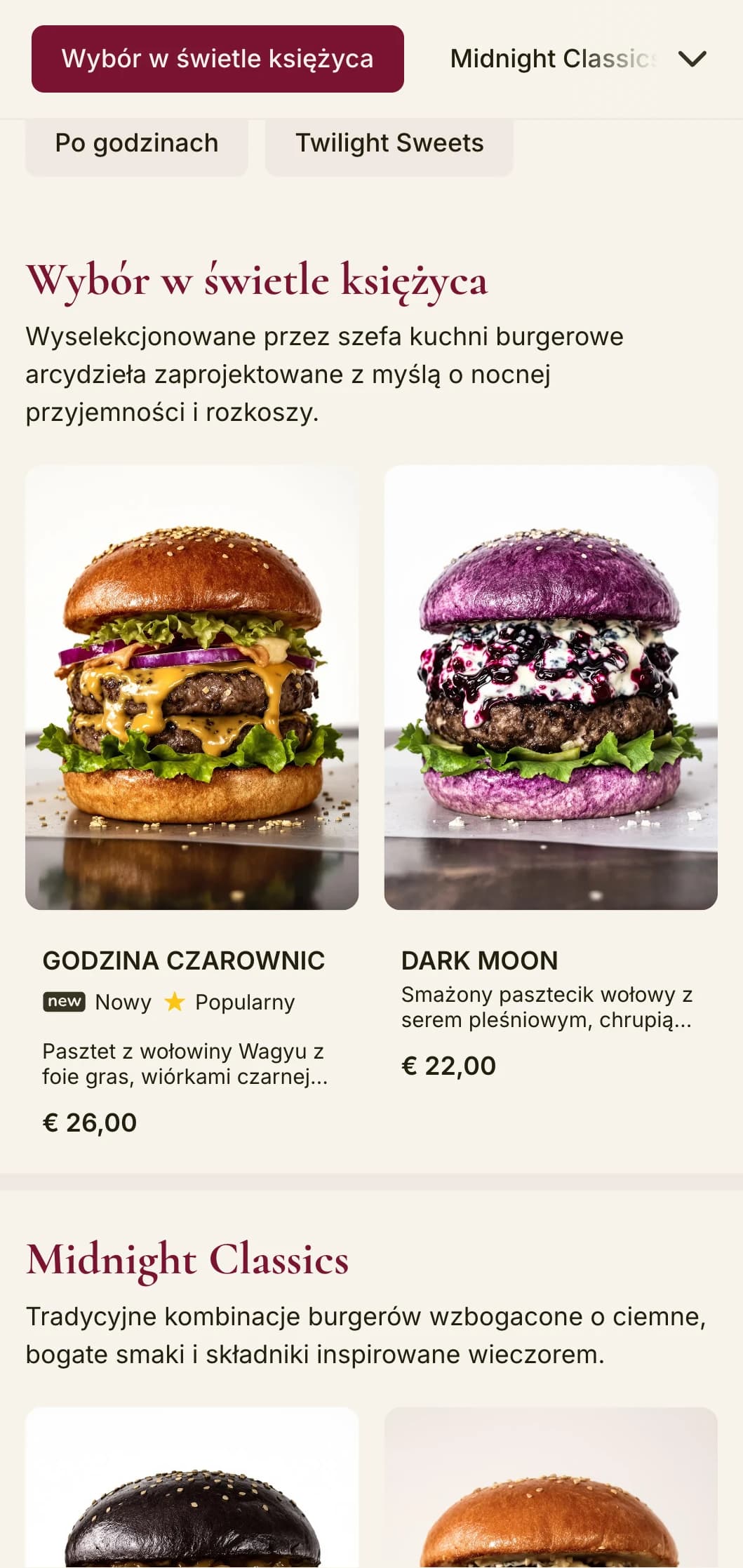 Nocny burgerowy salon premium z ciemnym aksamitem i tajemniczą atmosferą.