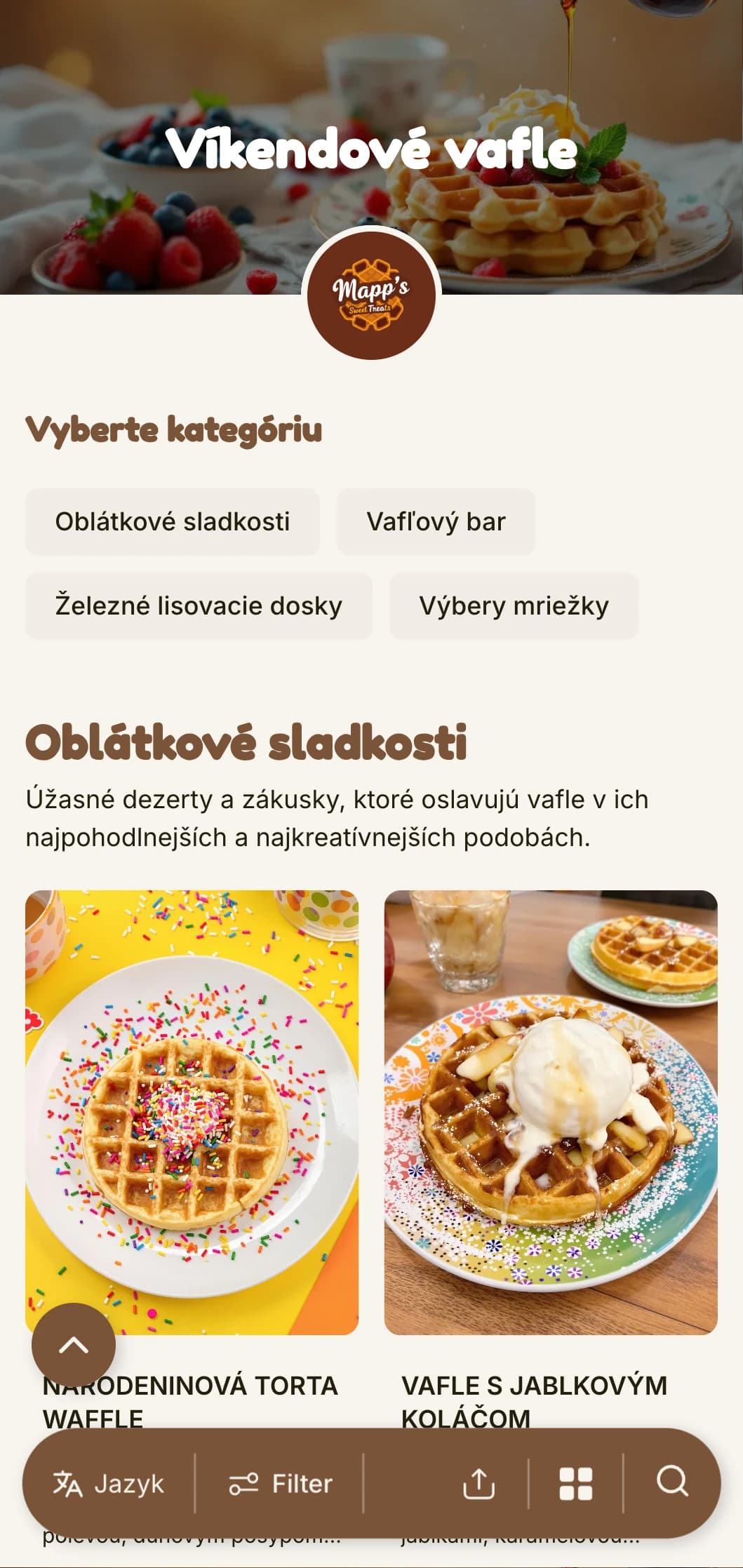 Teplá, hravá šablóna na neskoré raňajky zameraná na vafle a sladké raňajky, ideálna pre rodinné kaviarne.