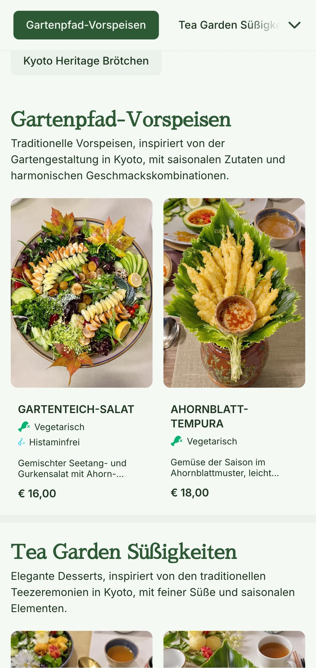 Traditionelles japanisches, vom Garten inspiriertes Sushi-Menü mit ruhigen Grüntönen und klassischen Elementen.