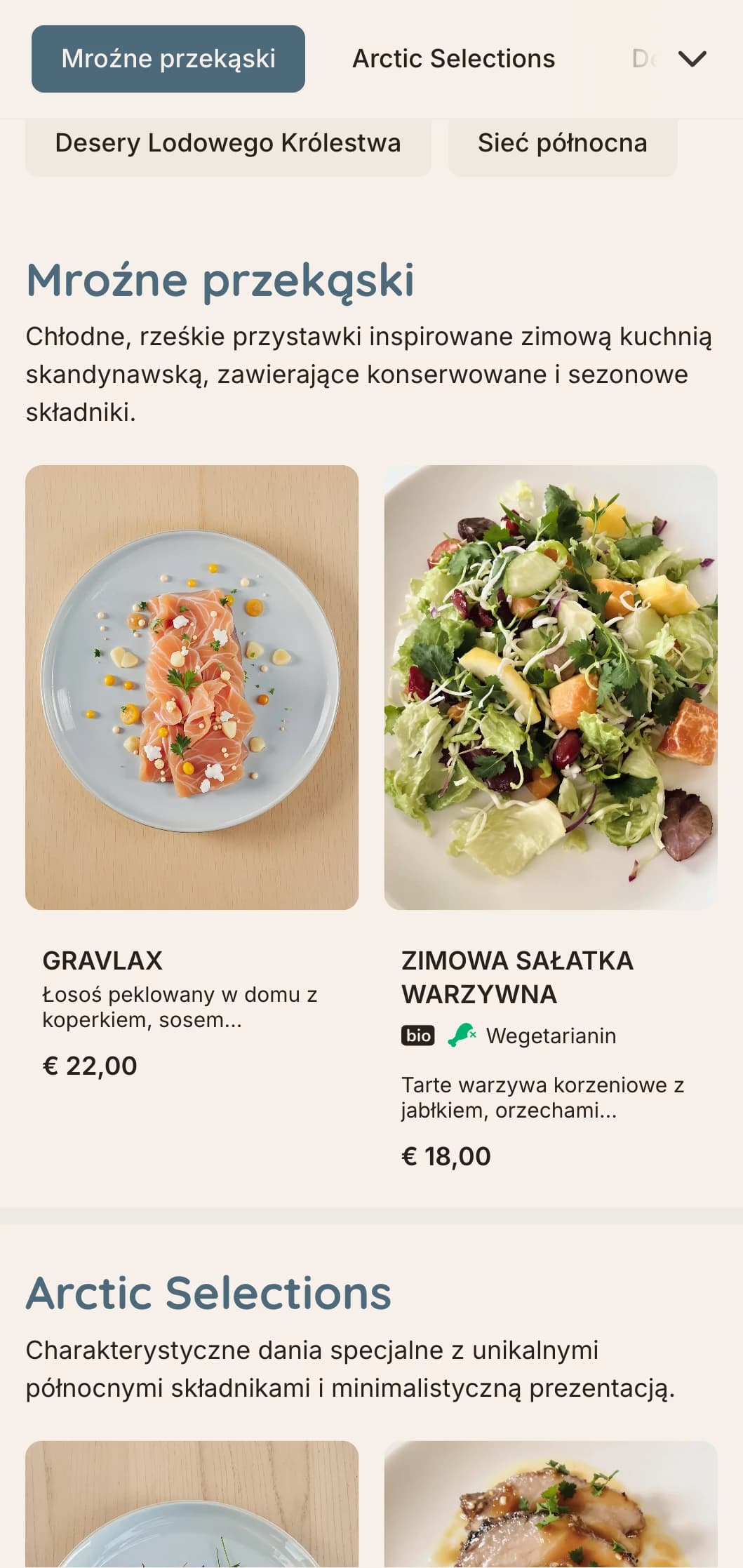 Chłodne, rześkie menu obiadowe ze skandynawskimi wpływami zimowymi, z lodowymi odcieniami błękitu i czystymi liniami, idealne do kuchni skandynawskiej.