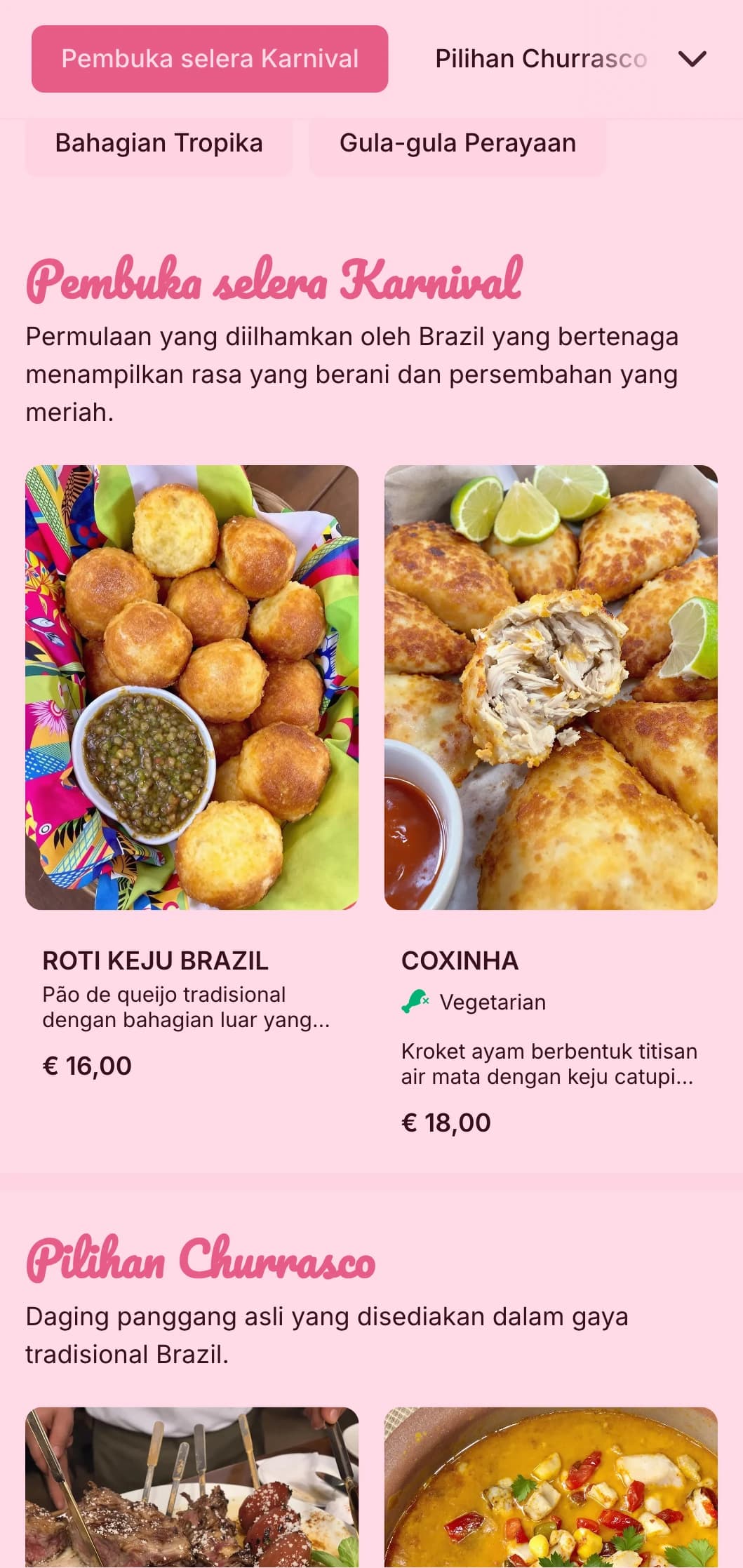 Katering bertenaga berinspirasikan Brazil yang menampilkan daging panggang, unsur tropika dan persembahan perayaan untuk perayaan yang meriah.