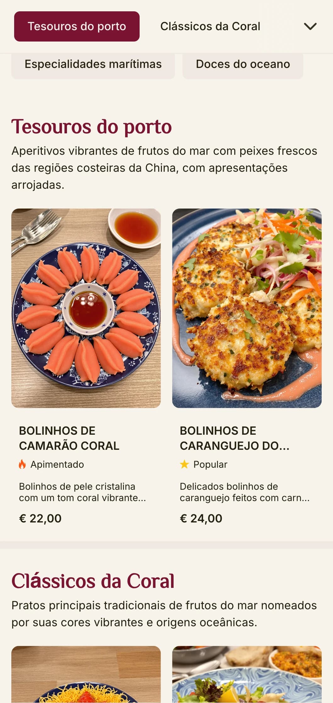Design vibrante de cardápio chinês inspirado na estética do coral e do porto, com cores fortes para restaurantes de frutos do mar.