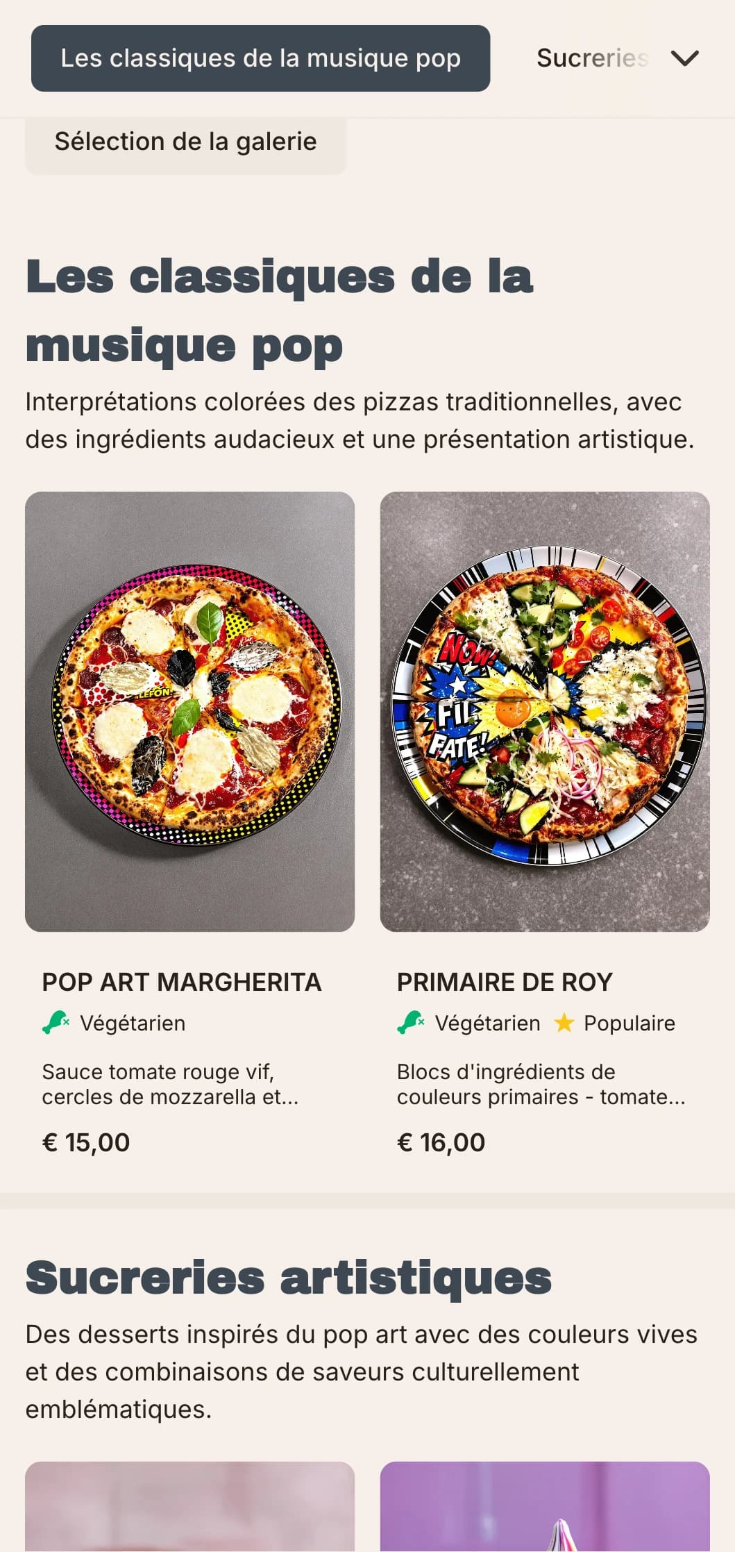 Carte de pizzas inspirée d'Andy Warhol, avec des éléments de pop art et une esthétique rétro-moderne.